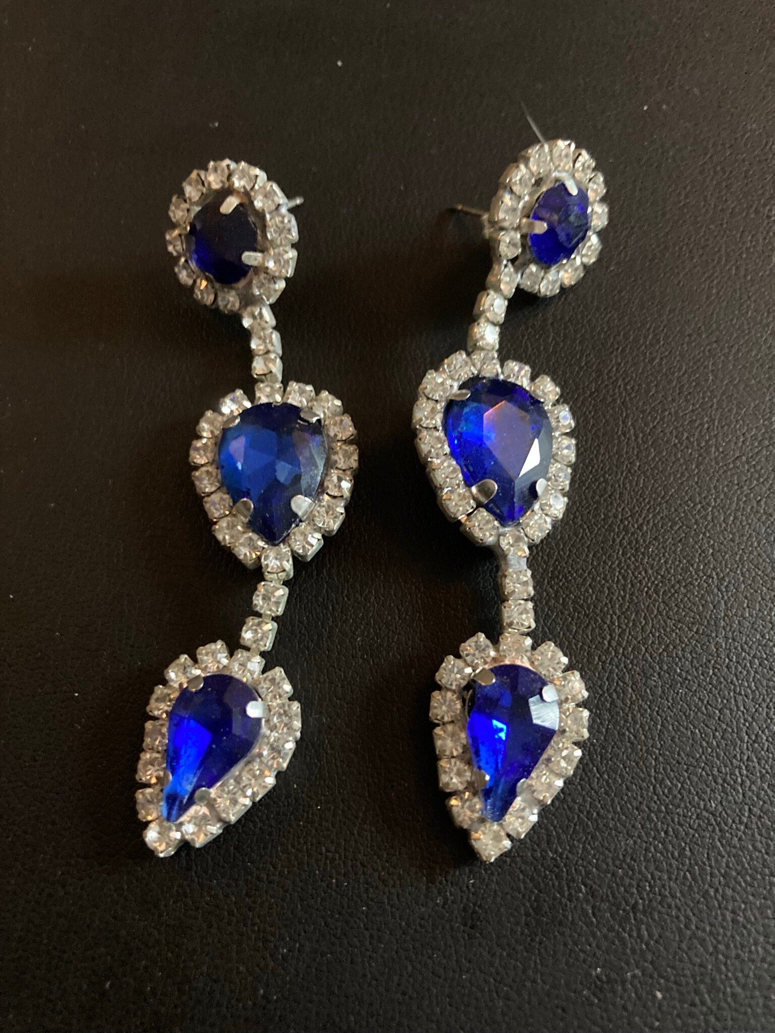 Vintage Czech Rhinestone Long Blue Sapphire Clear Glass Paste Diamante Drop Earrings