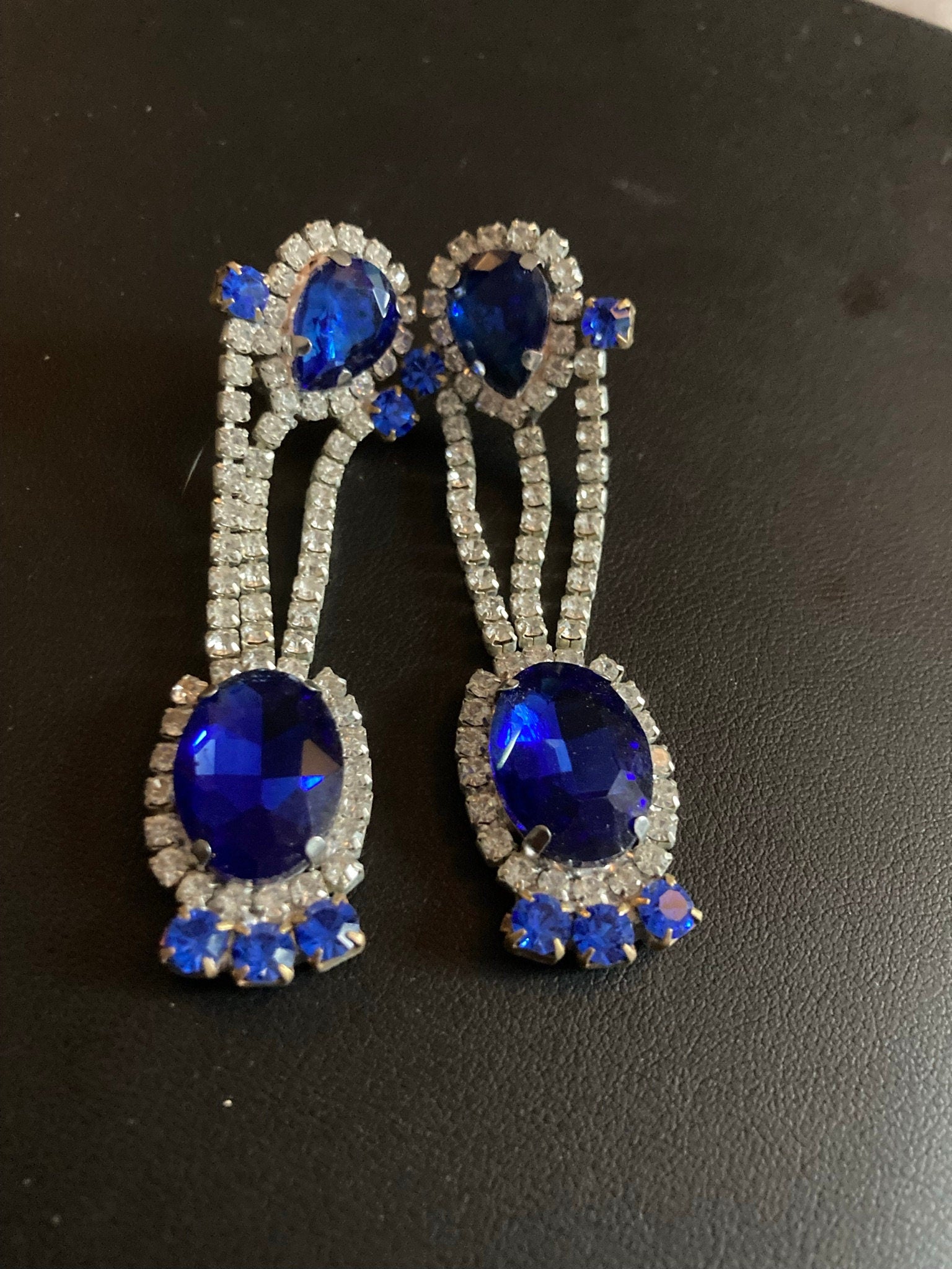 Vintage Czech Rhinestone Long Blue Sapphire Clear Glass Paste Diamante Drop Earrings