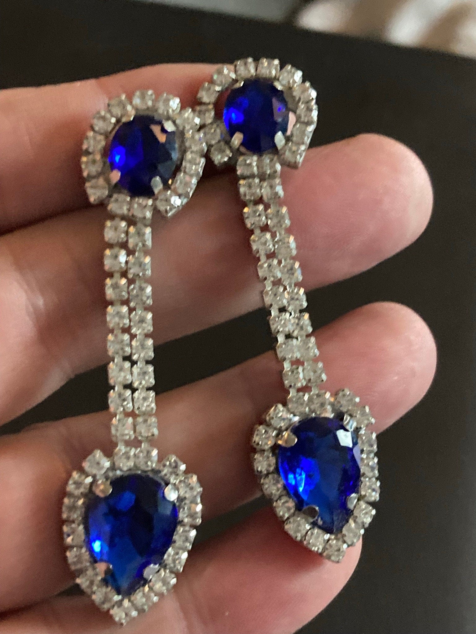 Vintage Czech Rhinestone Long Blue Sapphire Clear Glass Paste Diamante Drop Earrings