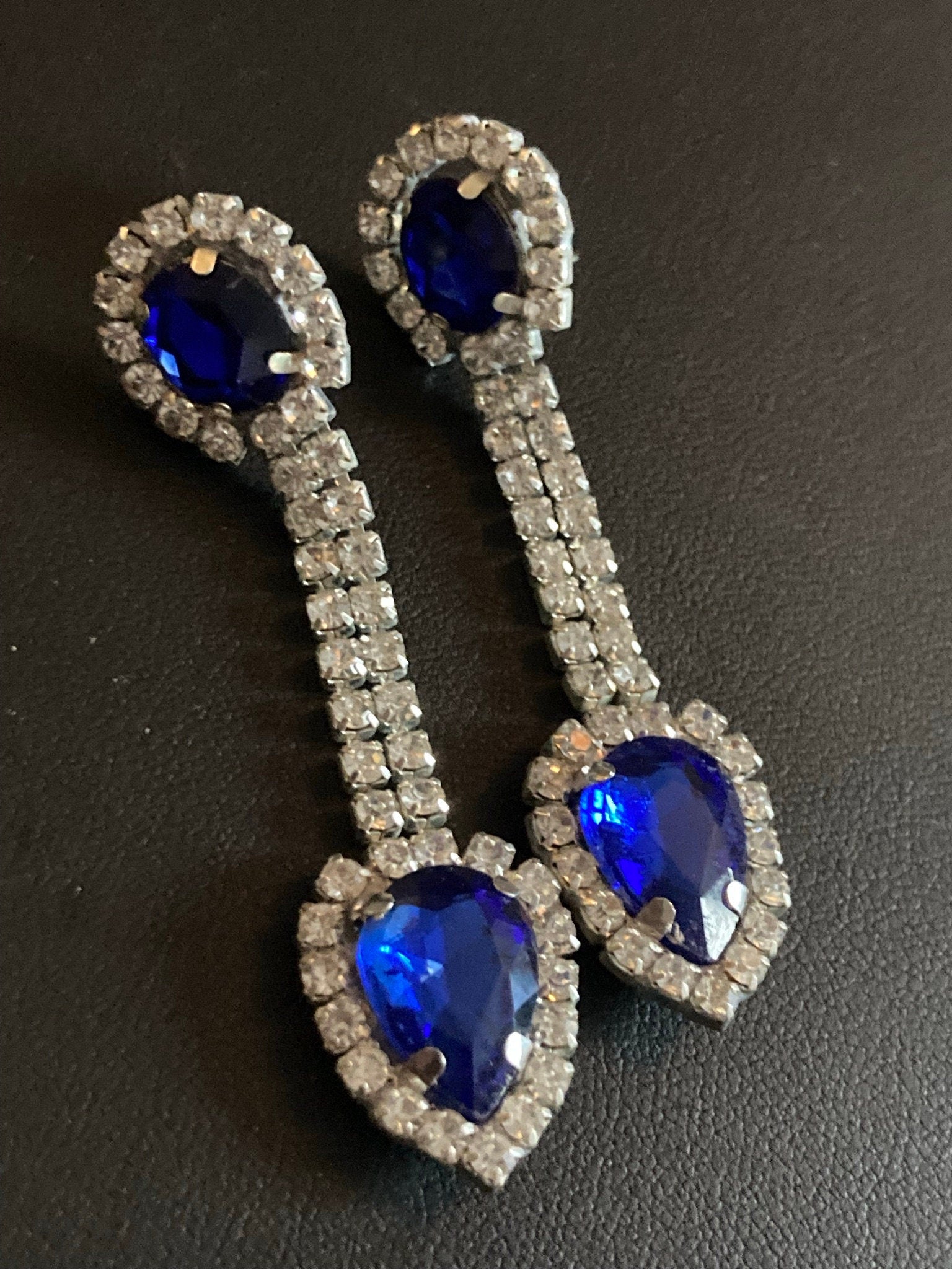 Vintage Czech Rhinestone Long Blue Sapphire Clear Glass Paste Diamante Drop Earrings