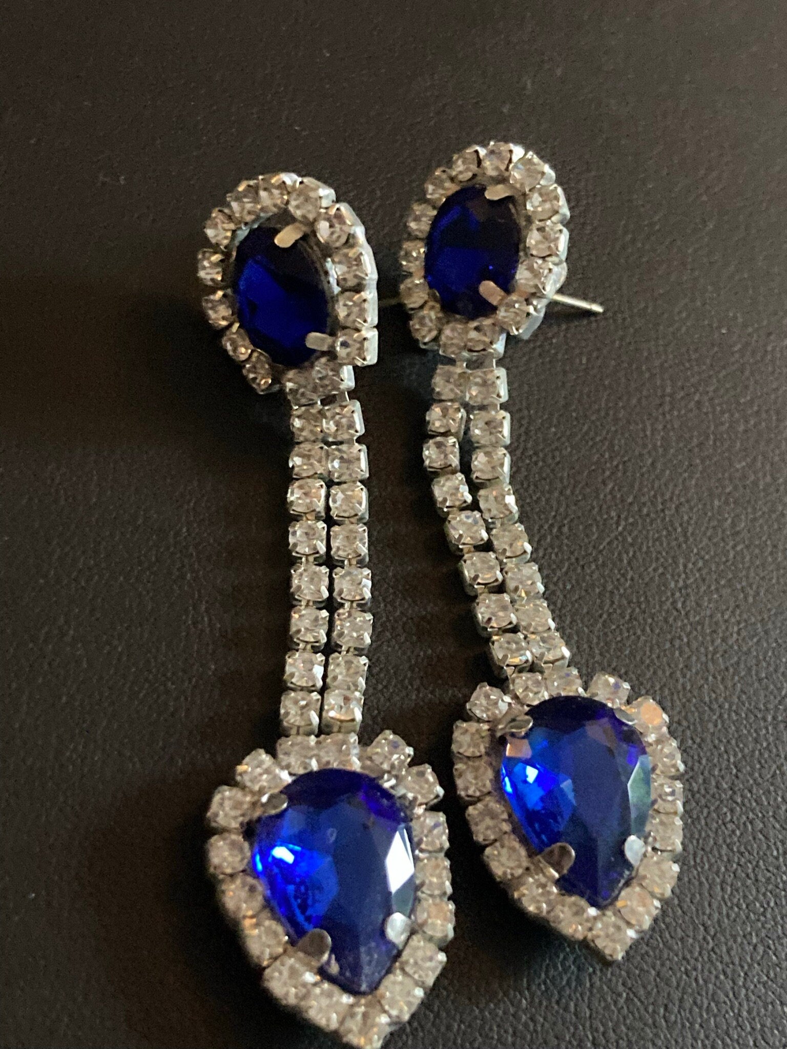 Vintage Czech Rhinestone Long Blue Sapphire Clear Glass Paste Diamante Drop Earrings