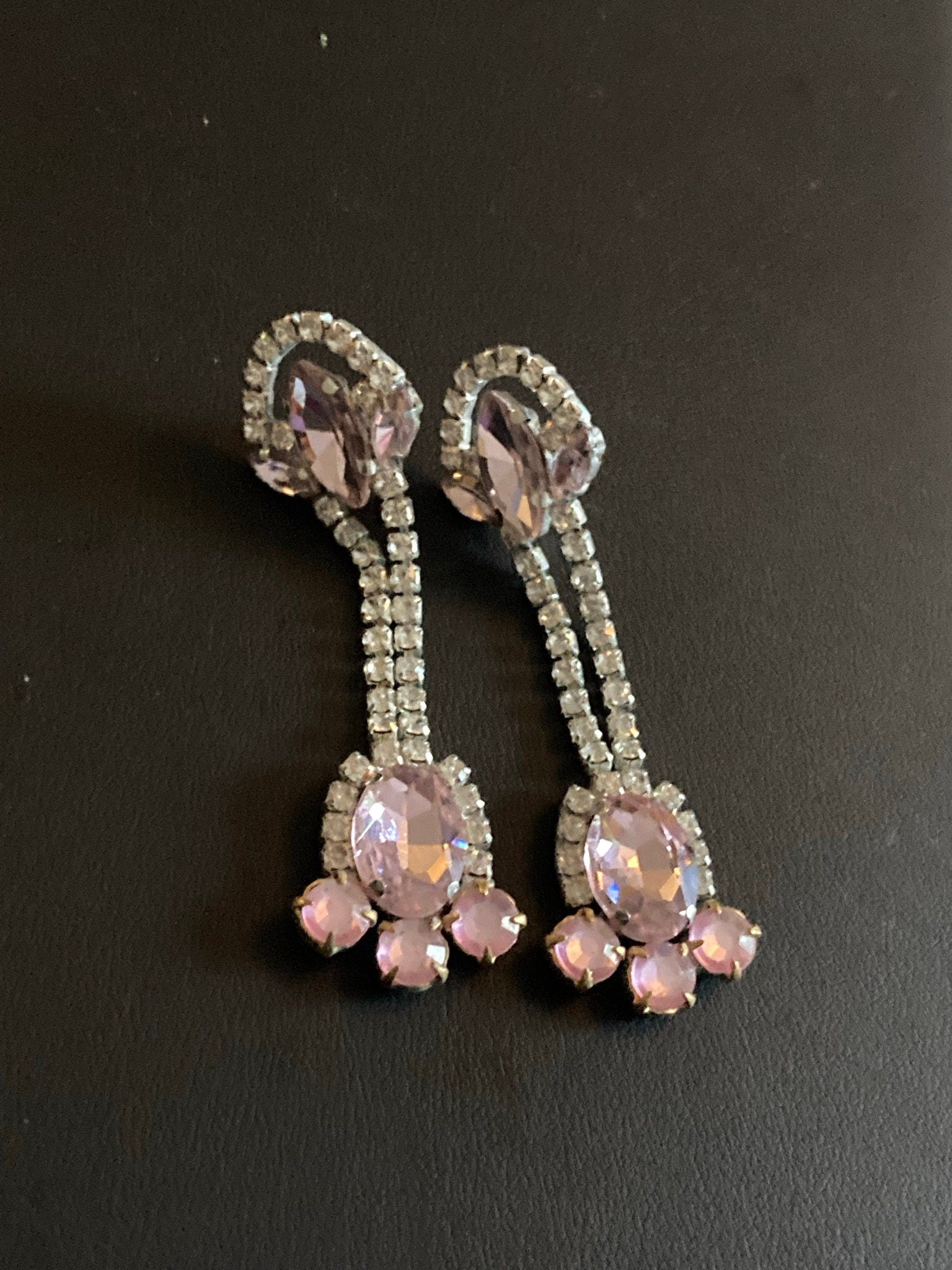 Vintage Czech Rhinestone Long clear pink Diamante Drop Earrings pierced