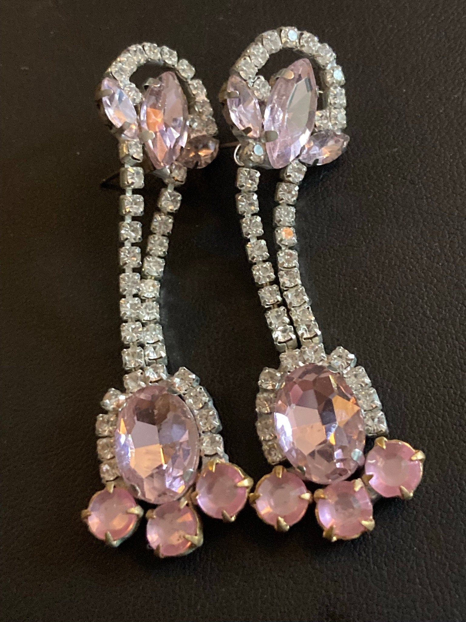 Vintage Czech Rhinestone Long clear pink Diamante Drop Earrings pierced
