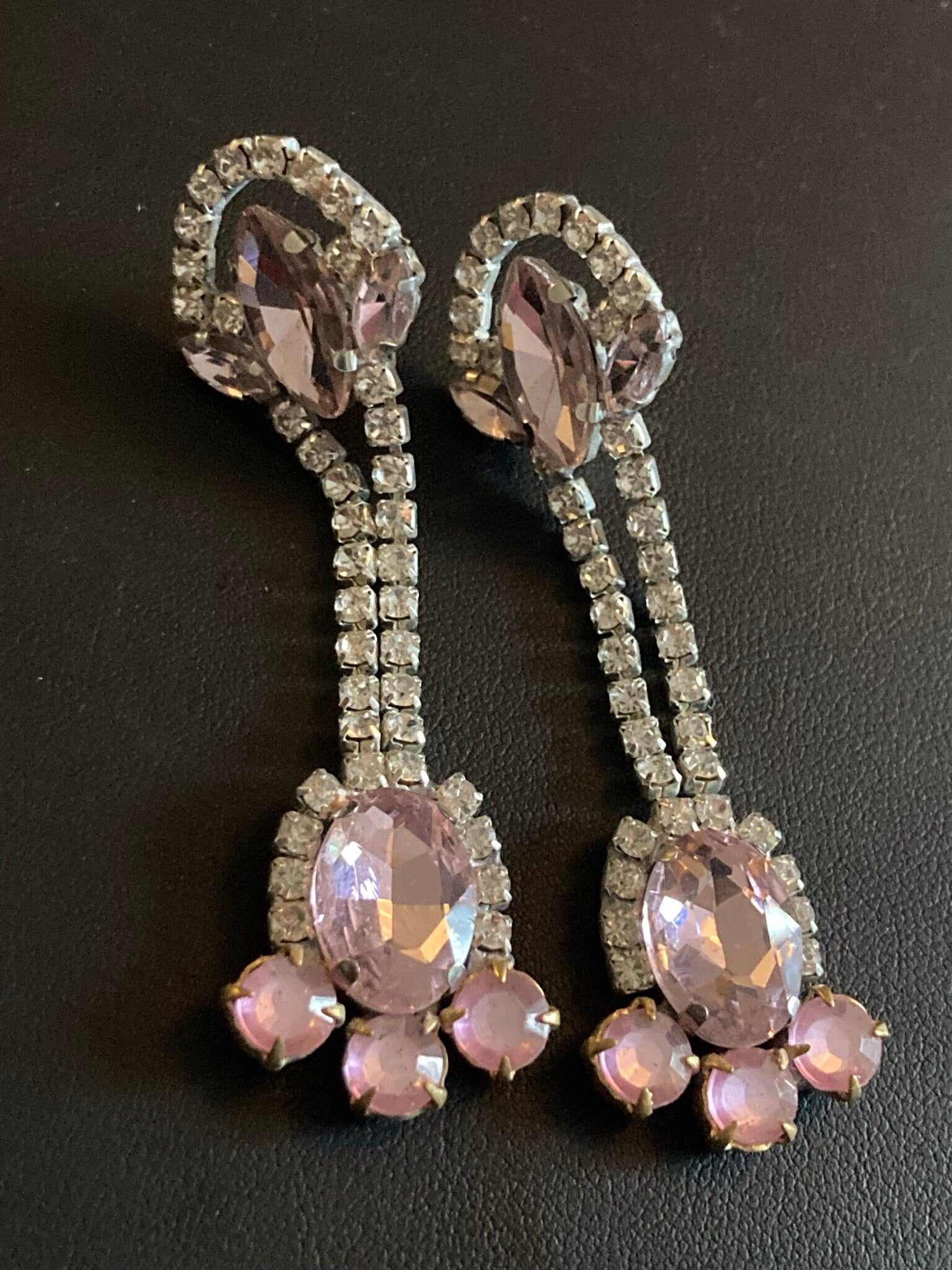 Vintage Czech Rhinestone Long clear pink Diamante Drop Earrings pierced