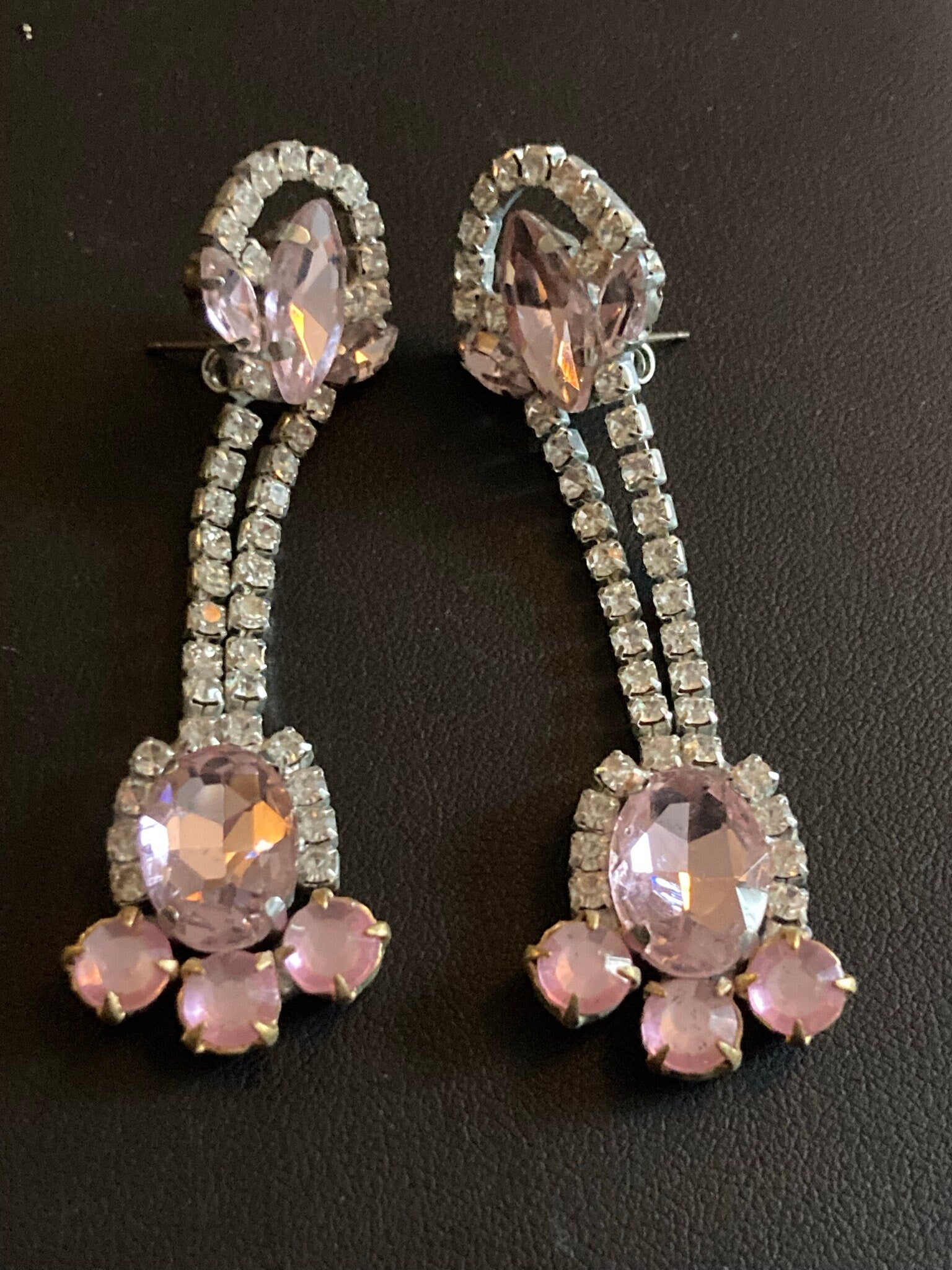 Vintage Czech Rhinestone Long clear pink Diamante Drop Earrings pierced