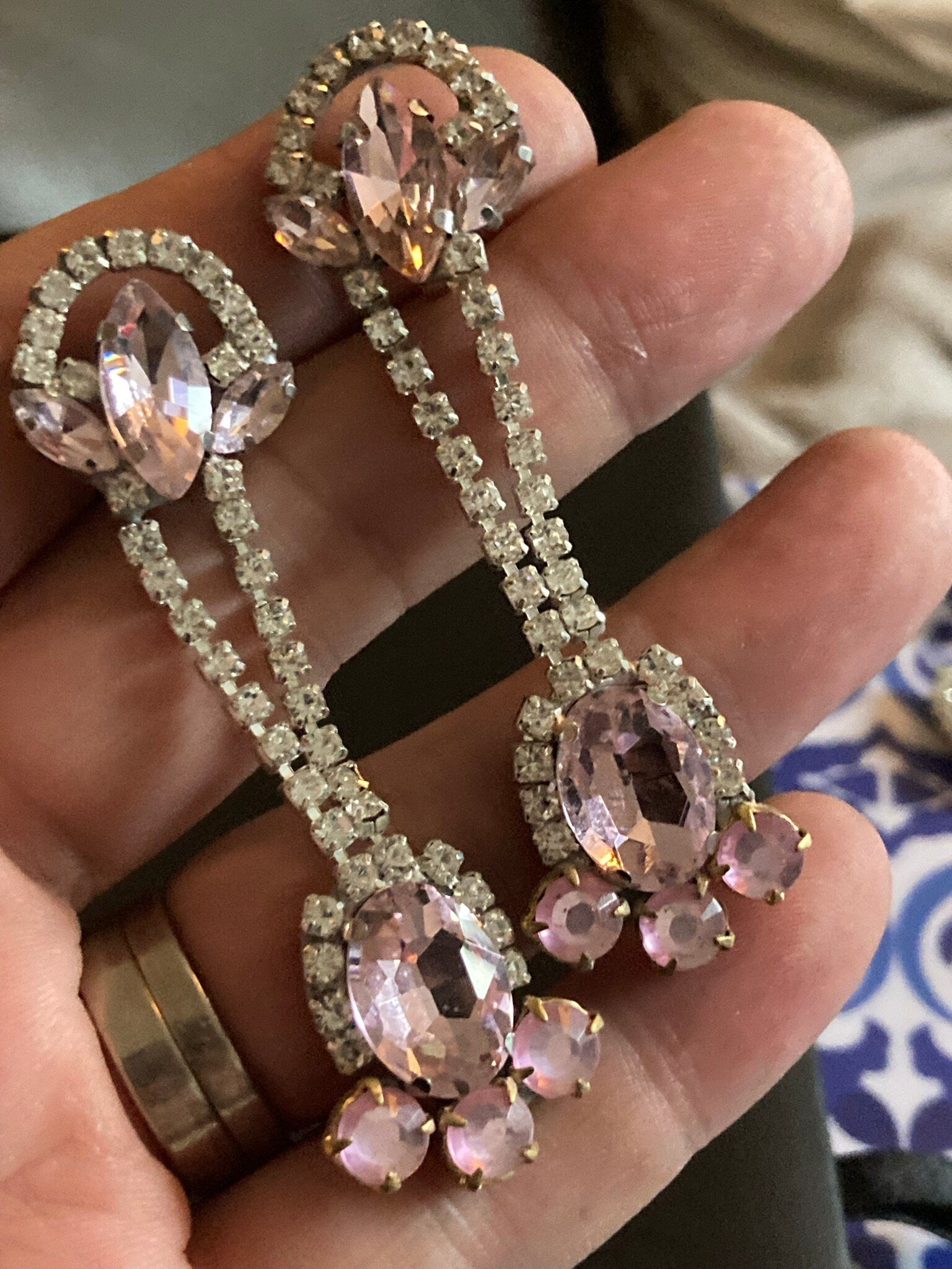 Vintage Czech Rhinestone Long clear pink Diamante Drop Earrings pierced