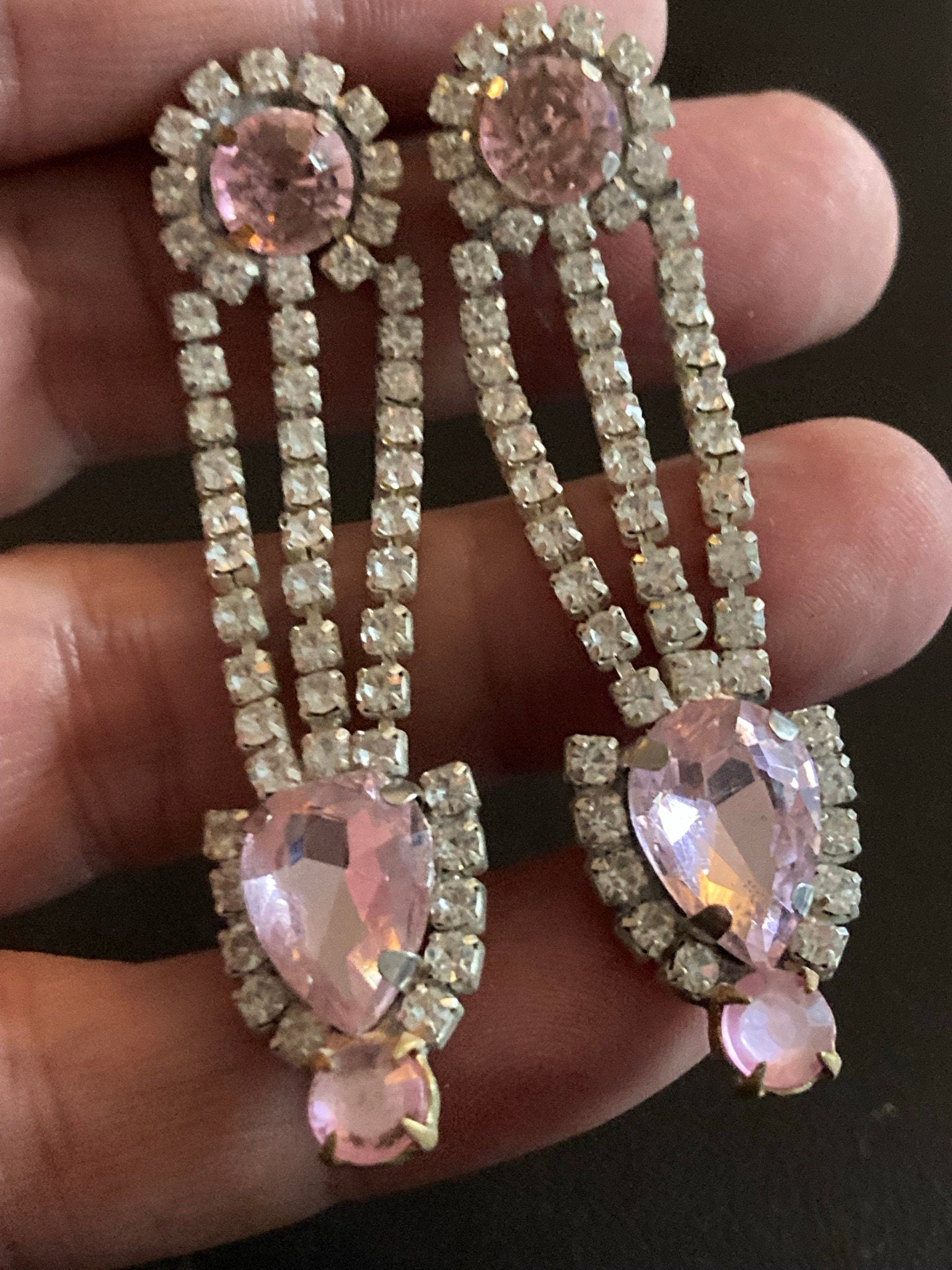 Vintage Czech Rhinestone Long clear pink Diamante Drop Earrings pierced