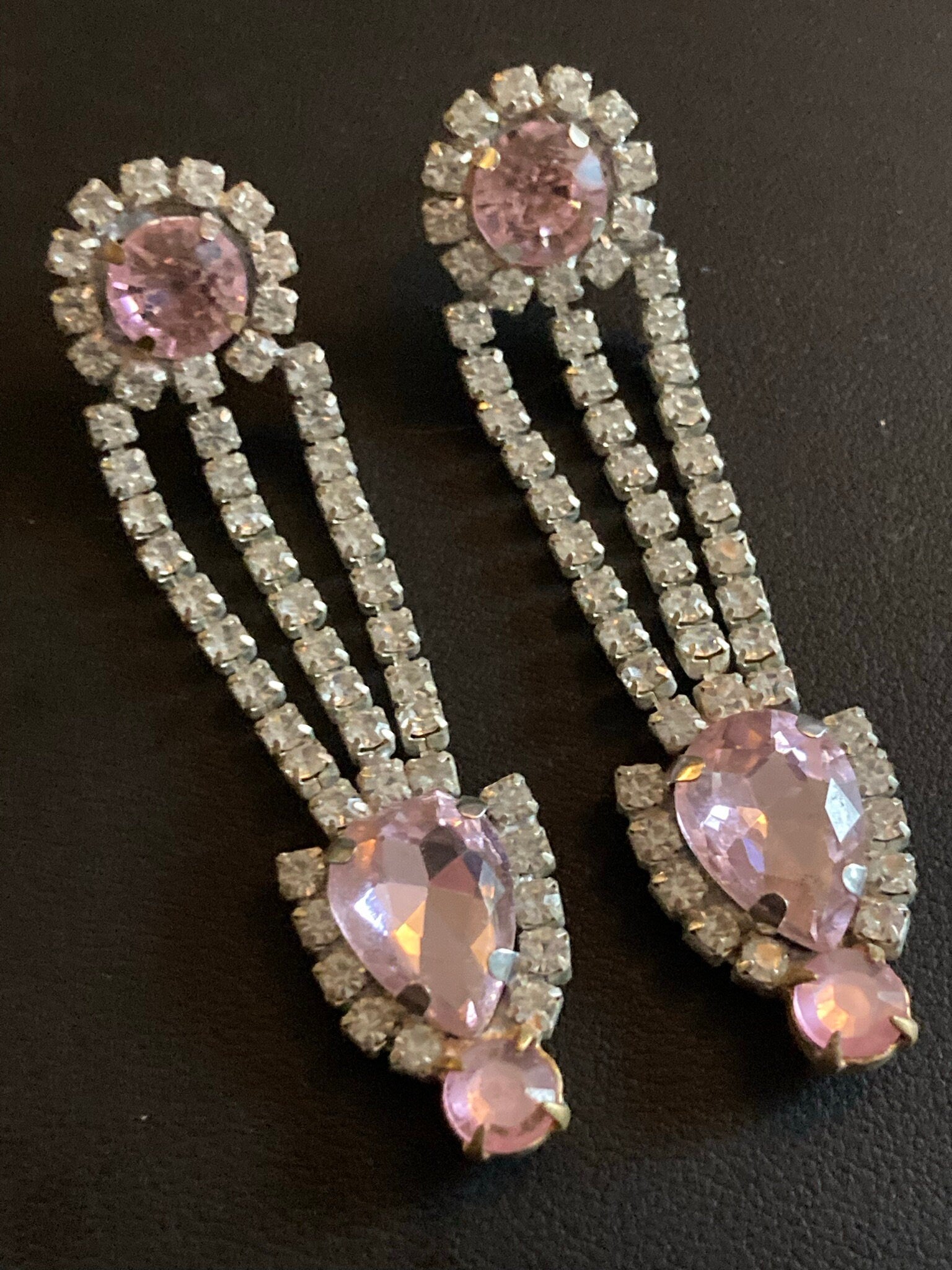Vintage Czech Rhinestone Long clear pink Diamante Drop Earrings pierced
