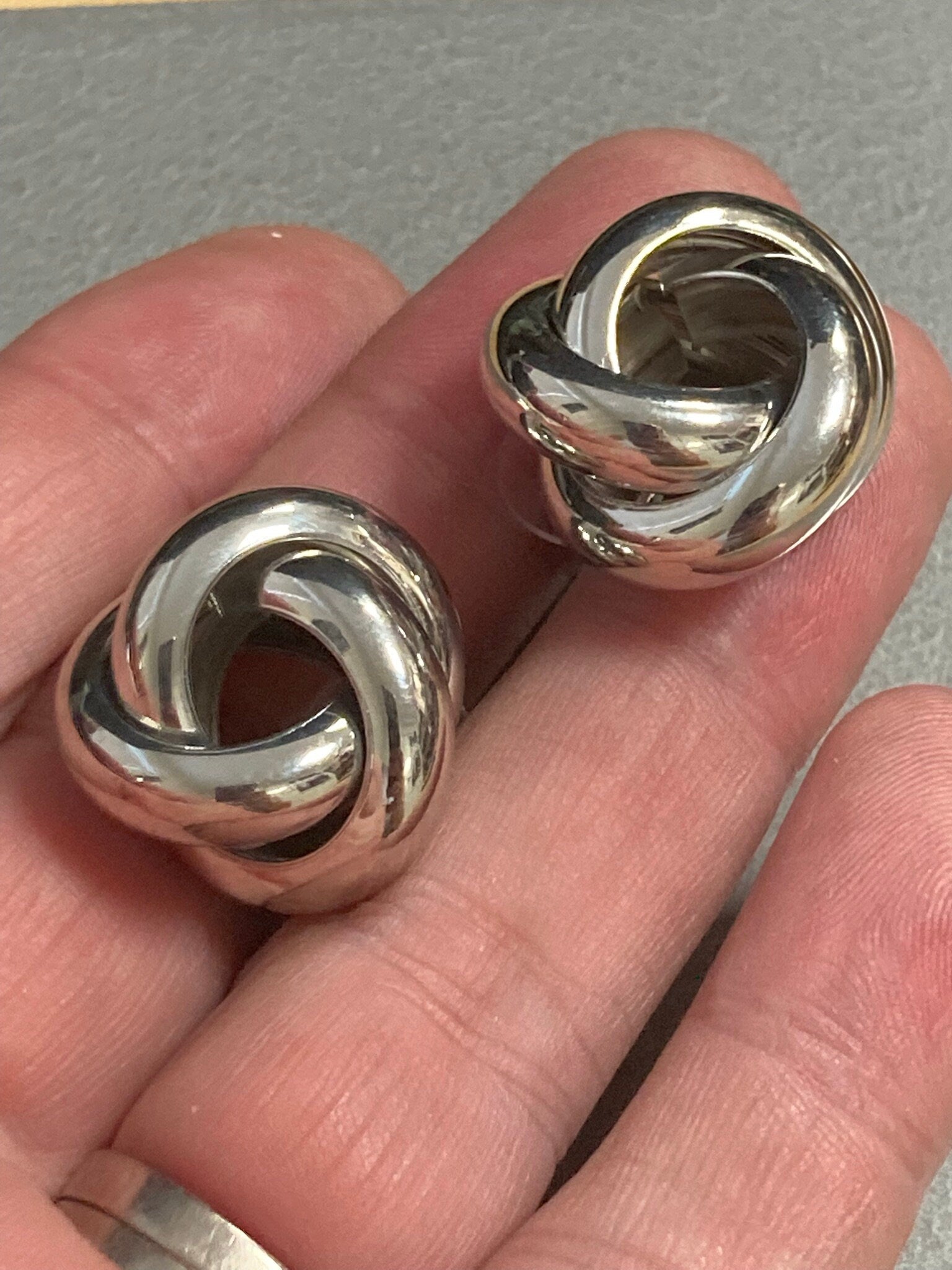 silver tone big tube knot stud earrings pierced, Large 2.5cm wide