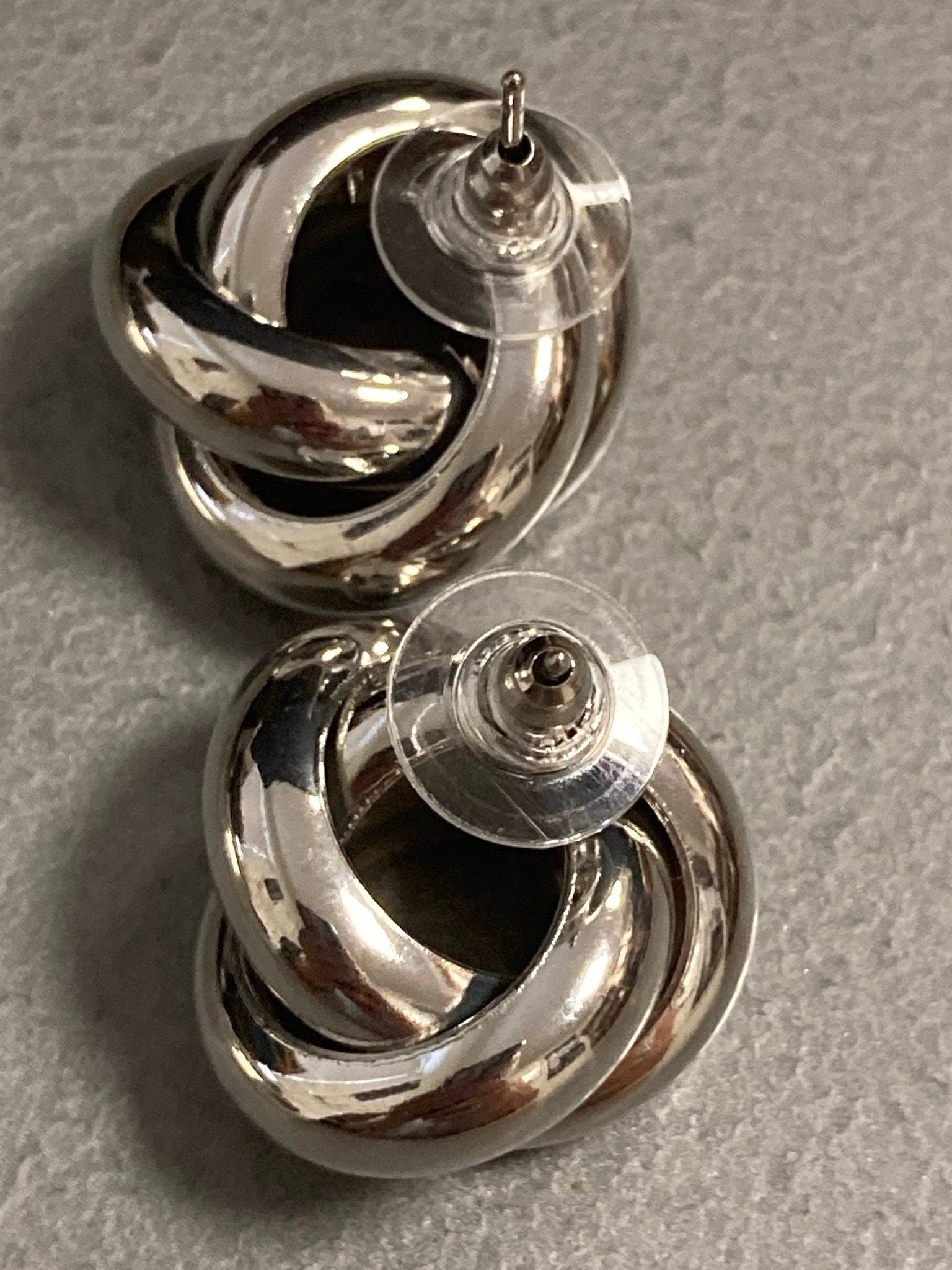 silver tone big tube knot stud earrings pierced, Large 2.5cm wide