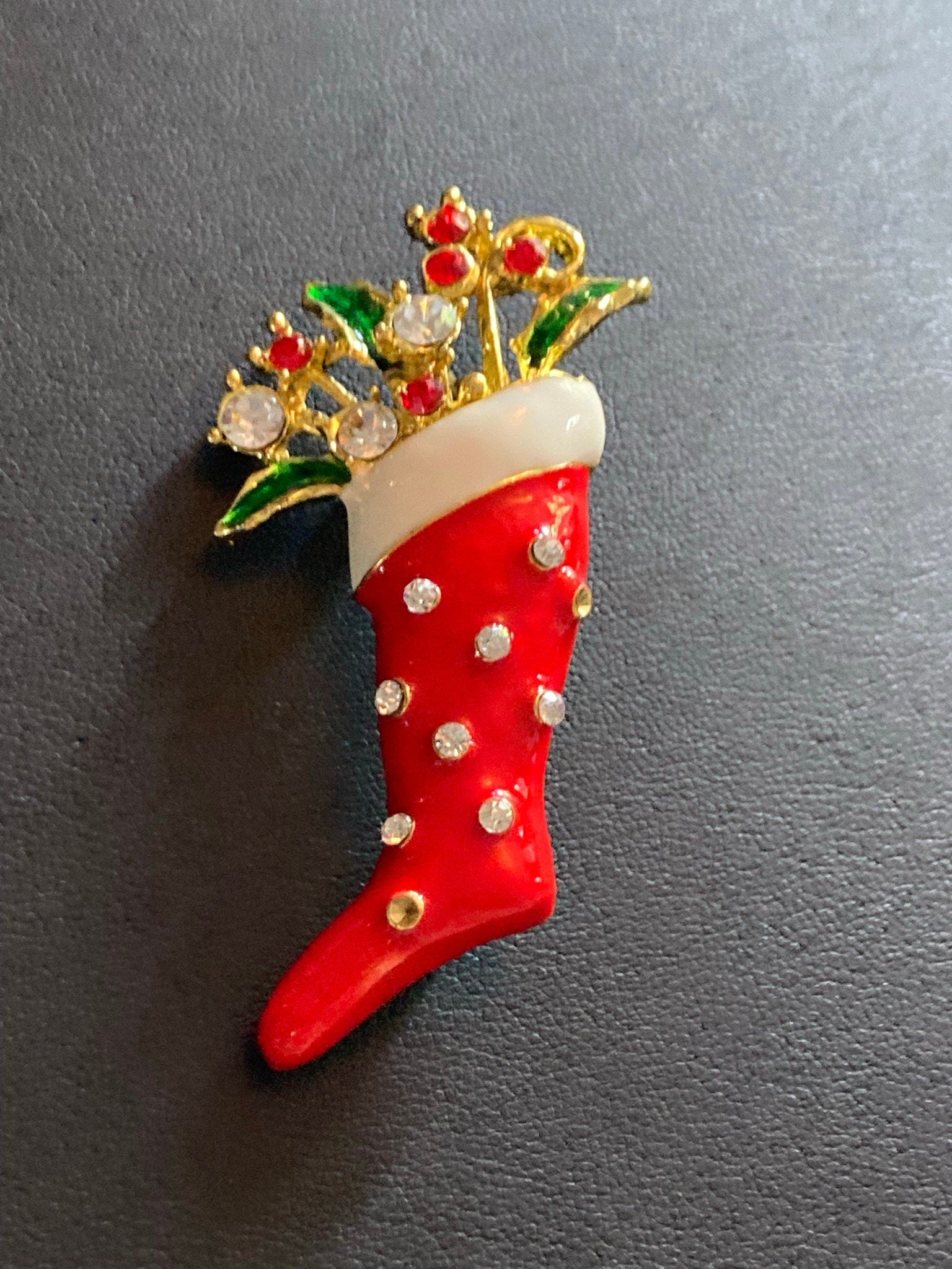 red Enamel Christmas stocking diamanté brooch