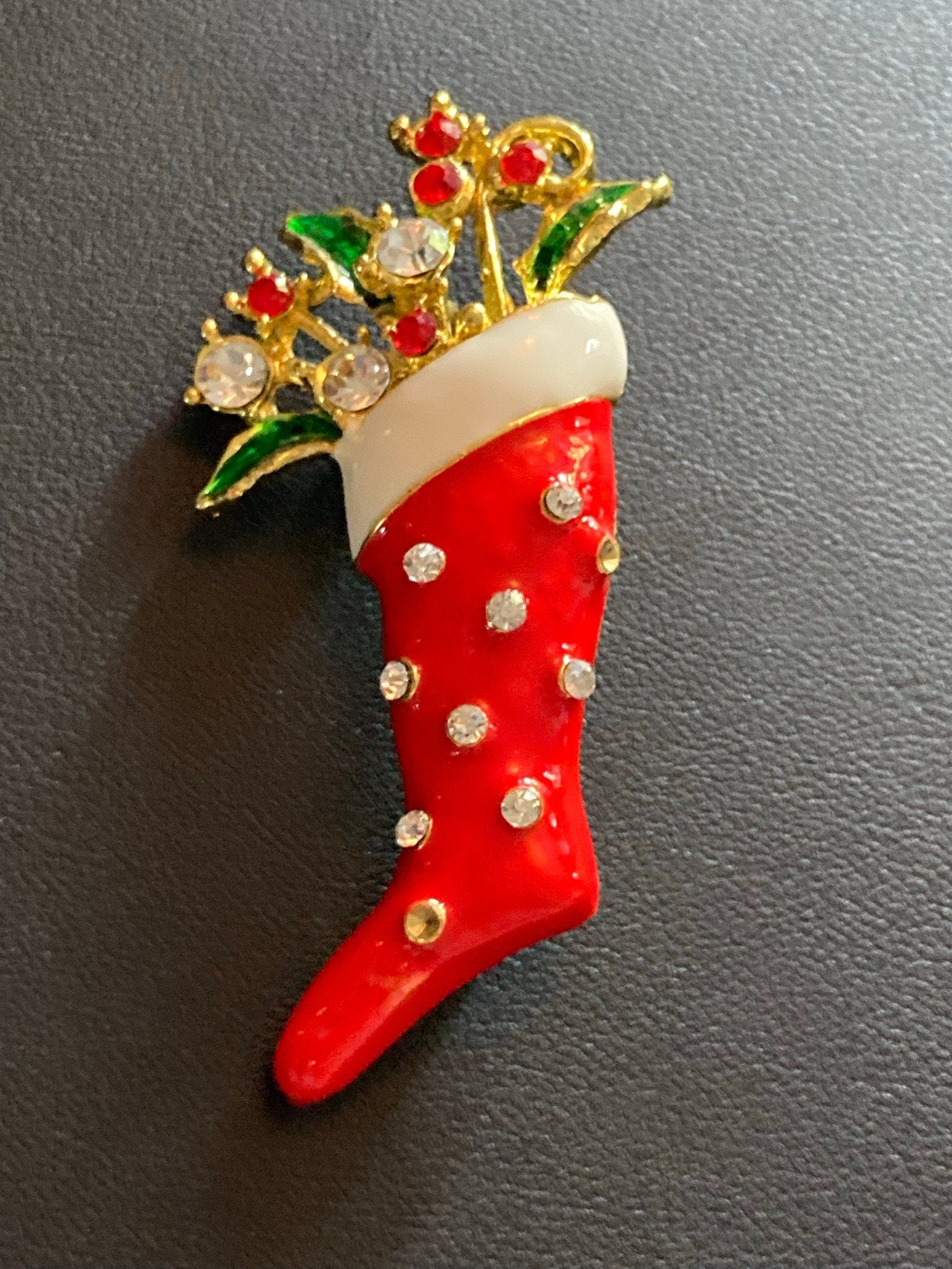 red Enamel Christmas stocking diamanté brooch