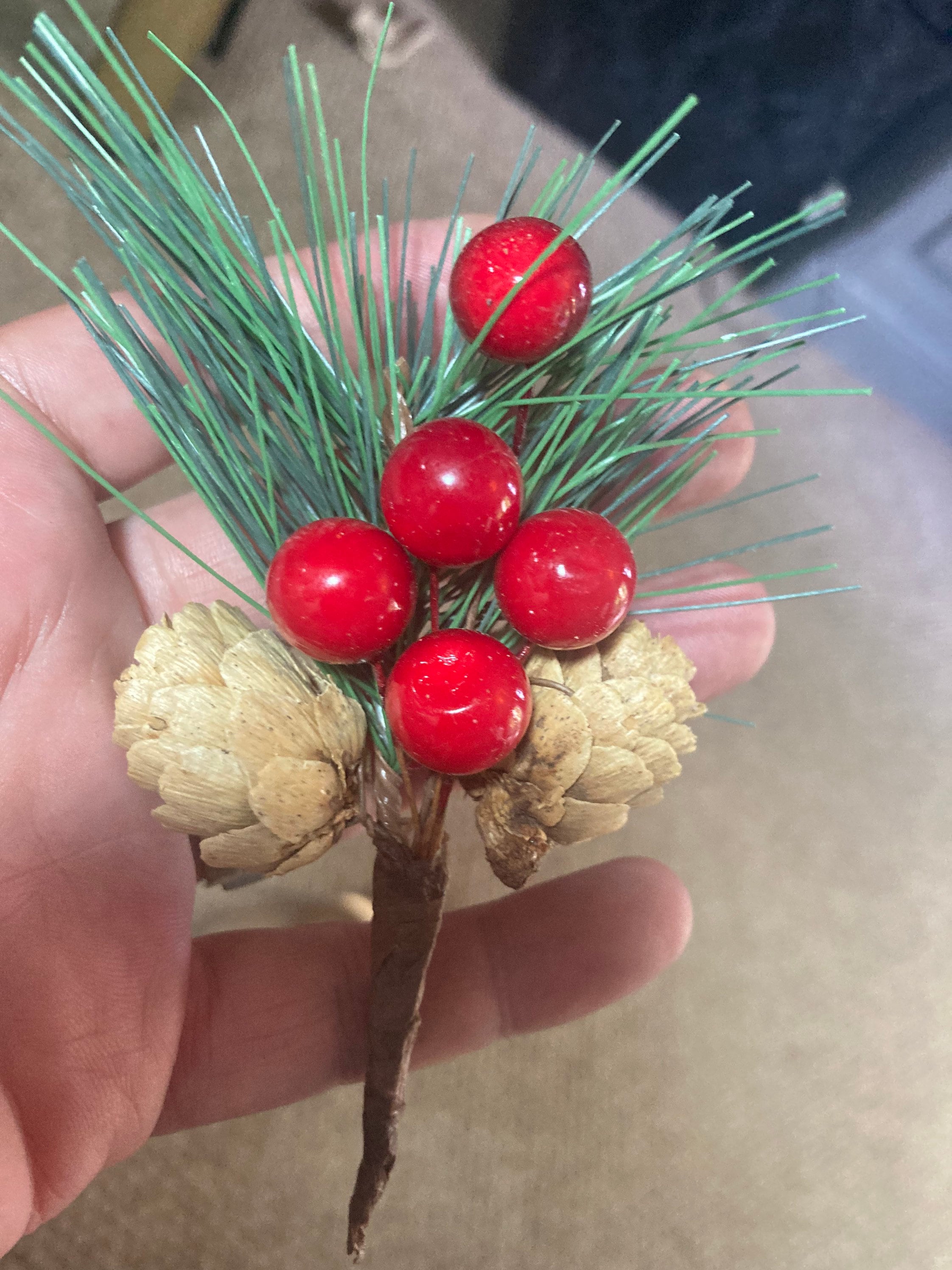 Faux fir pine cone & berries sprig for Christmas craft decorations