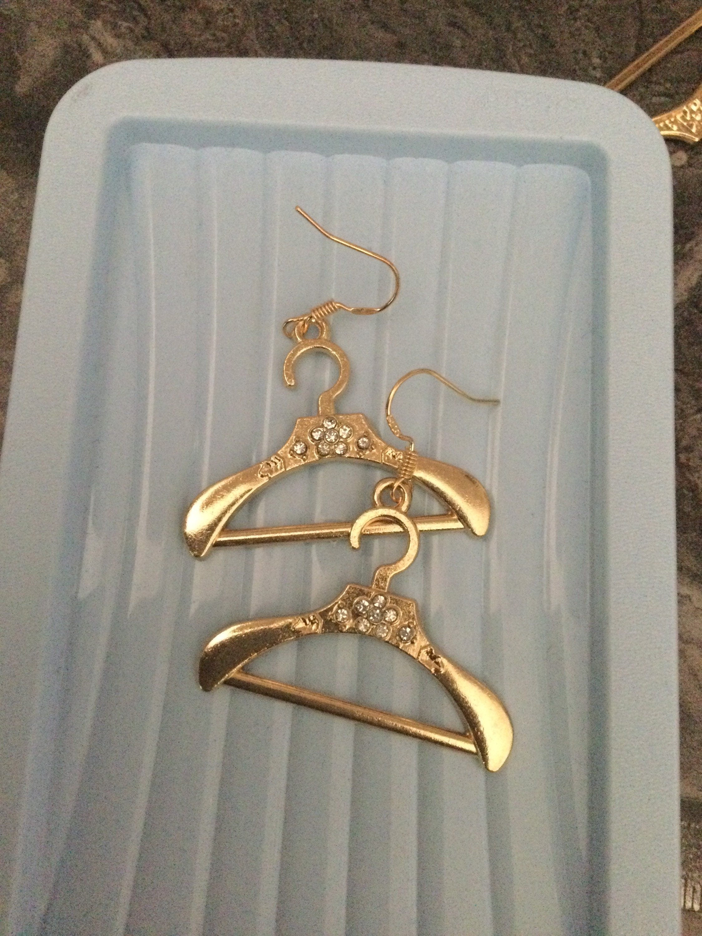 coat hanger drop earrings for pierced ears gold tone diamanté fashionista