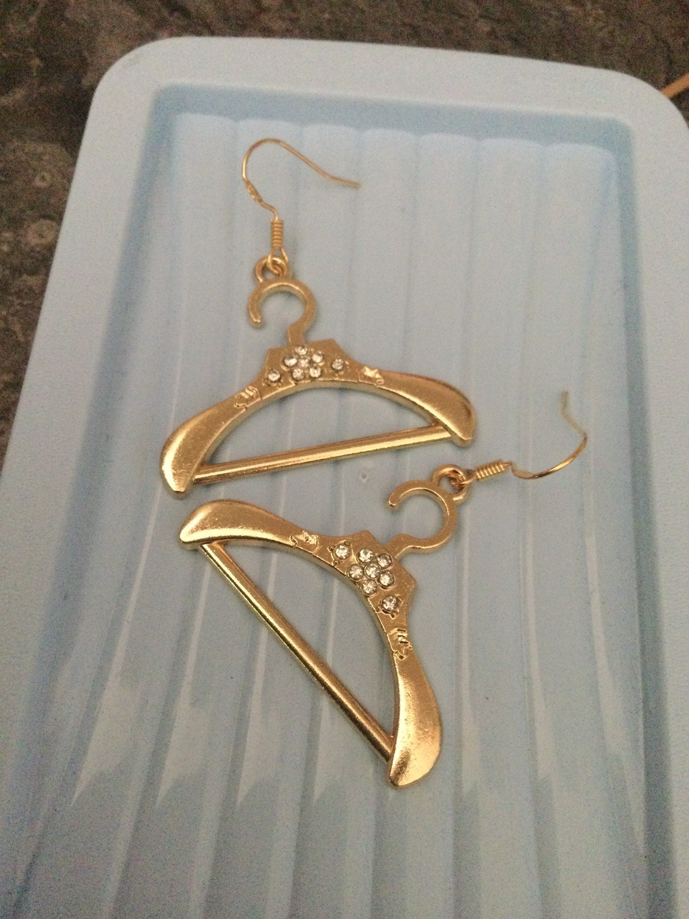 coat hanger drop earrings for pierced ears gold tone diamanté fashionista