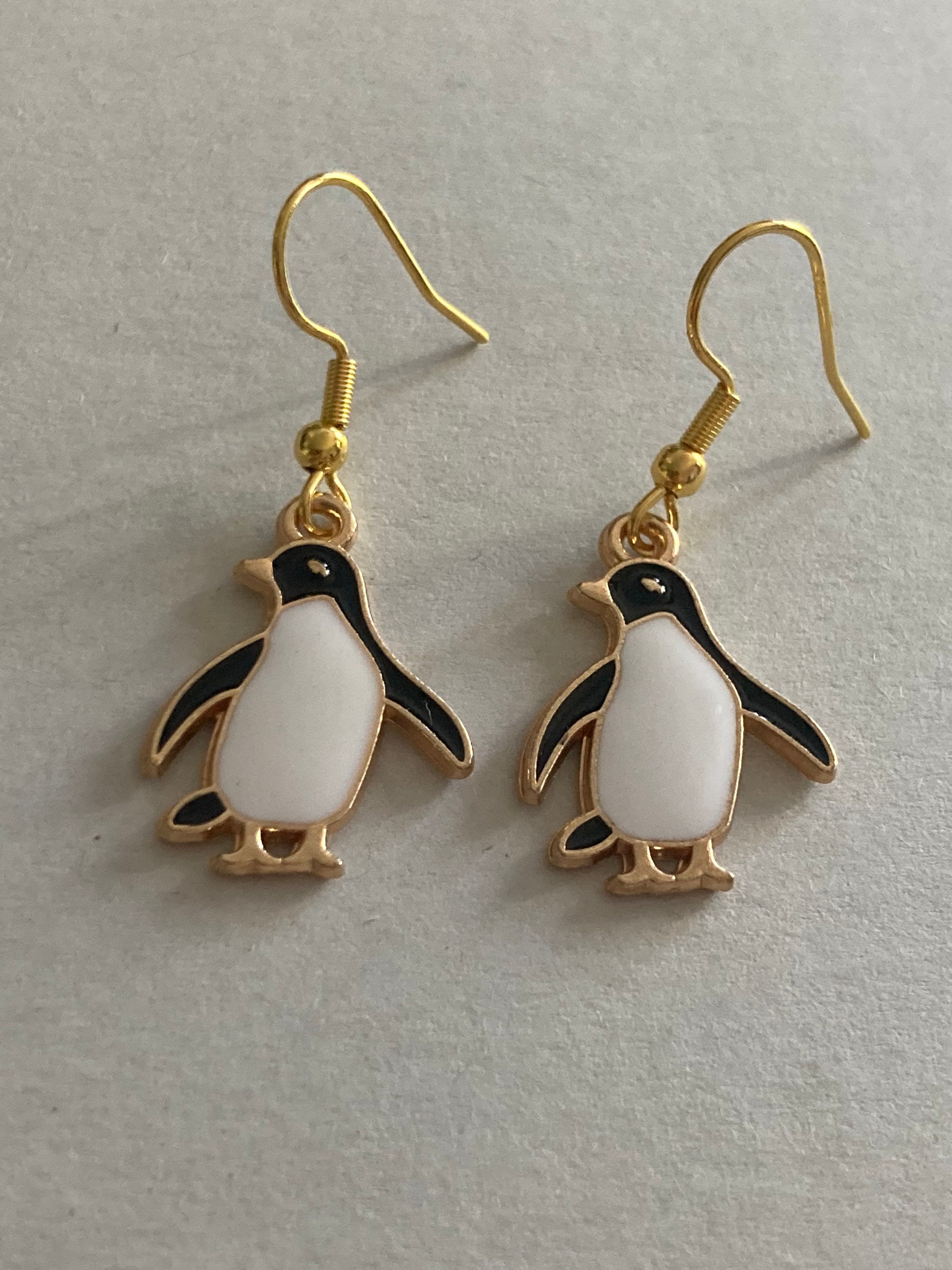 penguin drop earrings Gold tone black white enamel