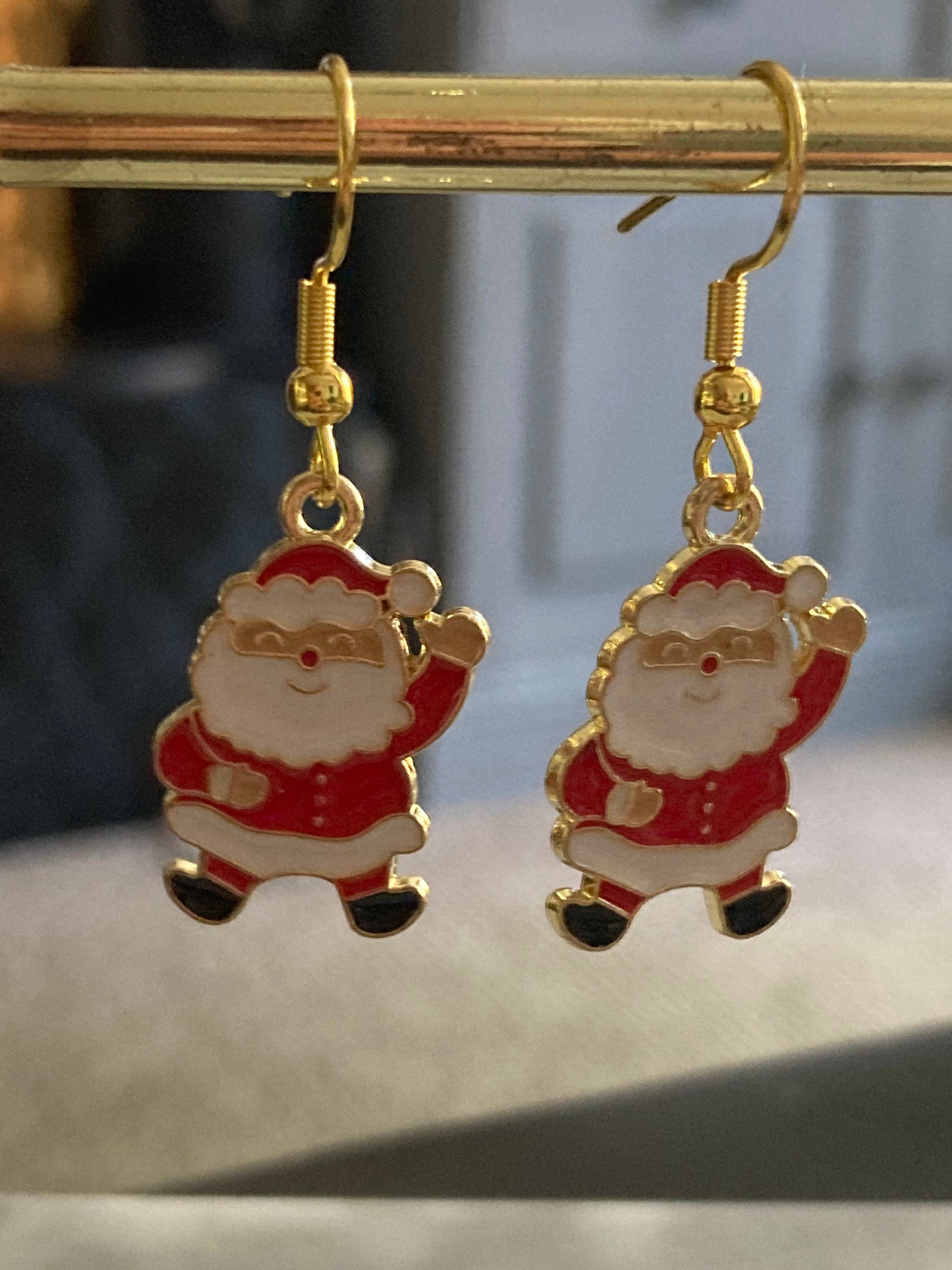 father Christmas Santa Claus red white enamel drop earrings for pierced ears