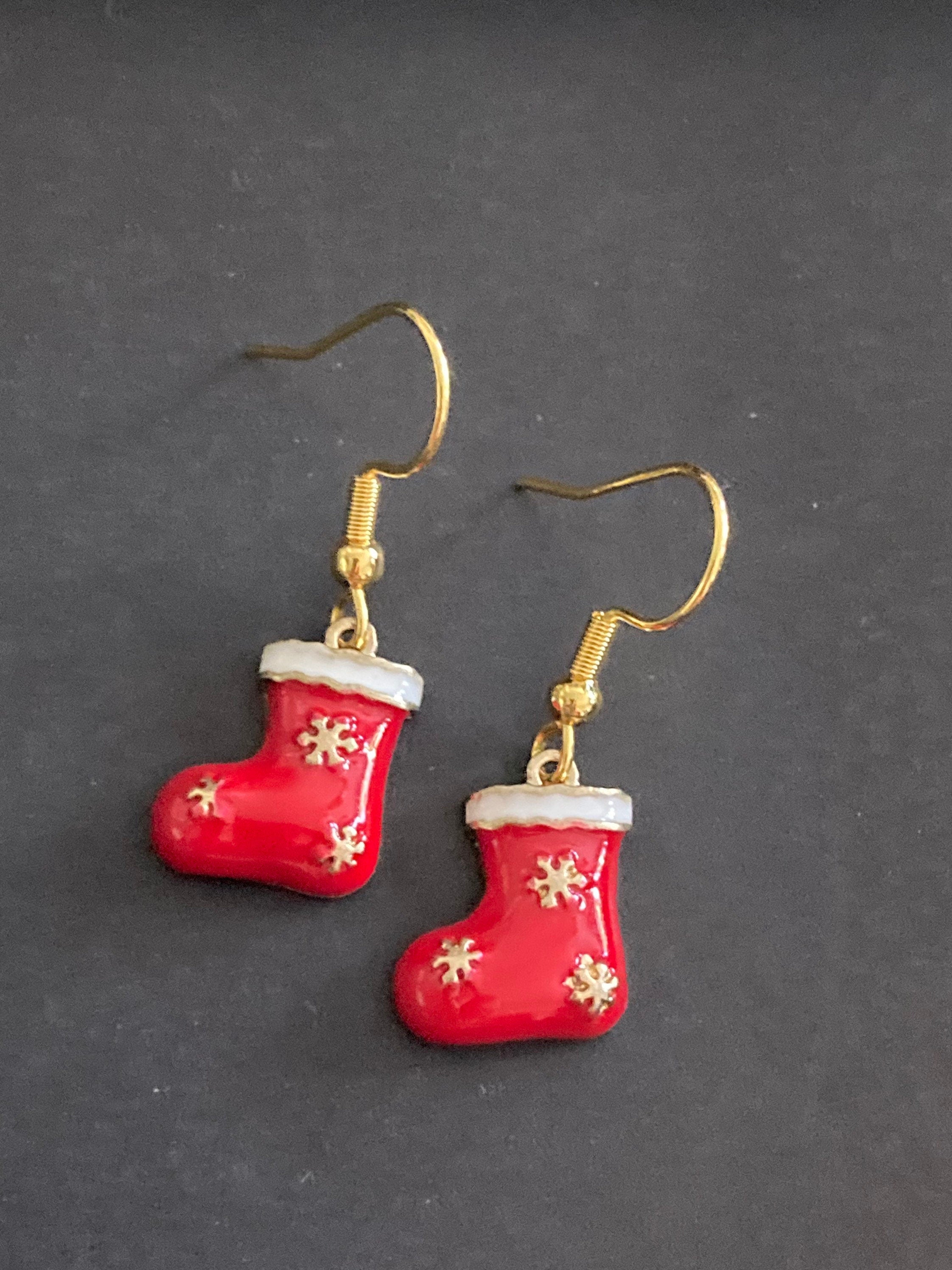Christmas Santa Claus red boots enamel drop earrings for pierced ears
