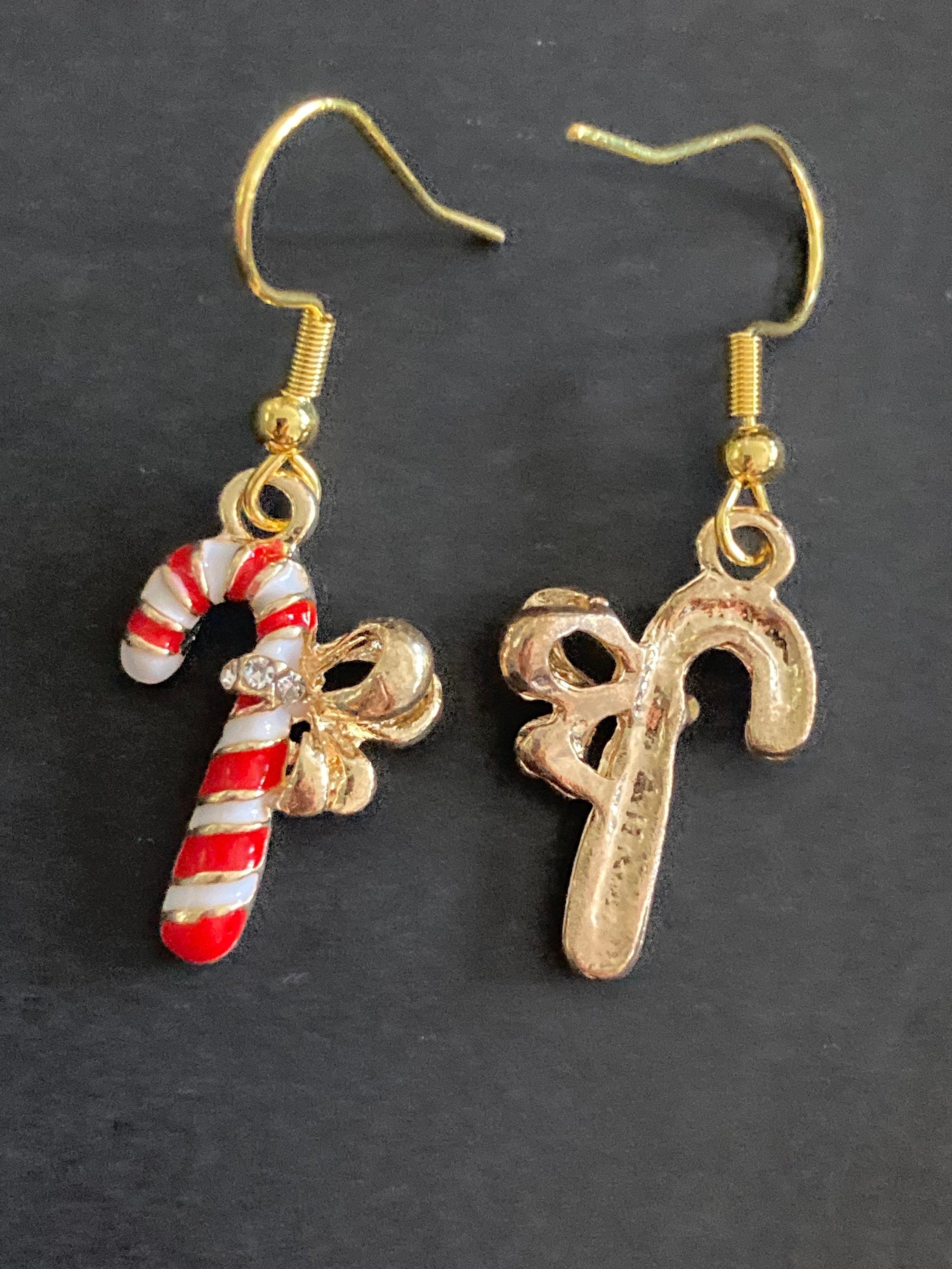 red and white enamel striped candy cane drop earrings for pierced ears