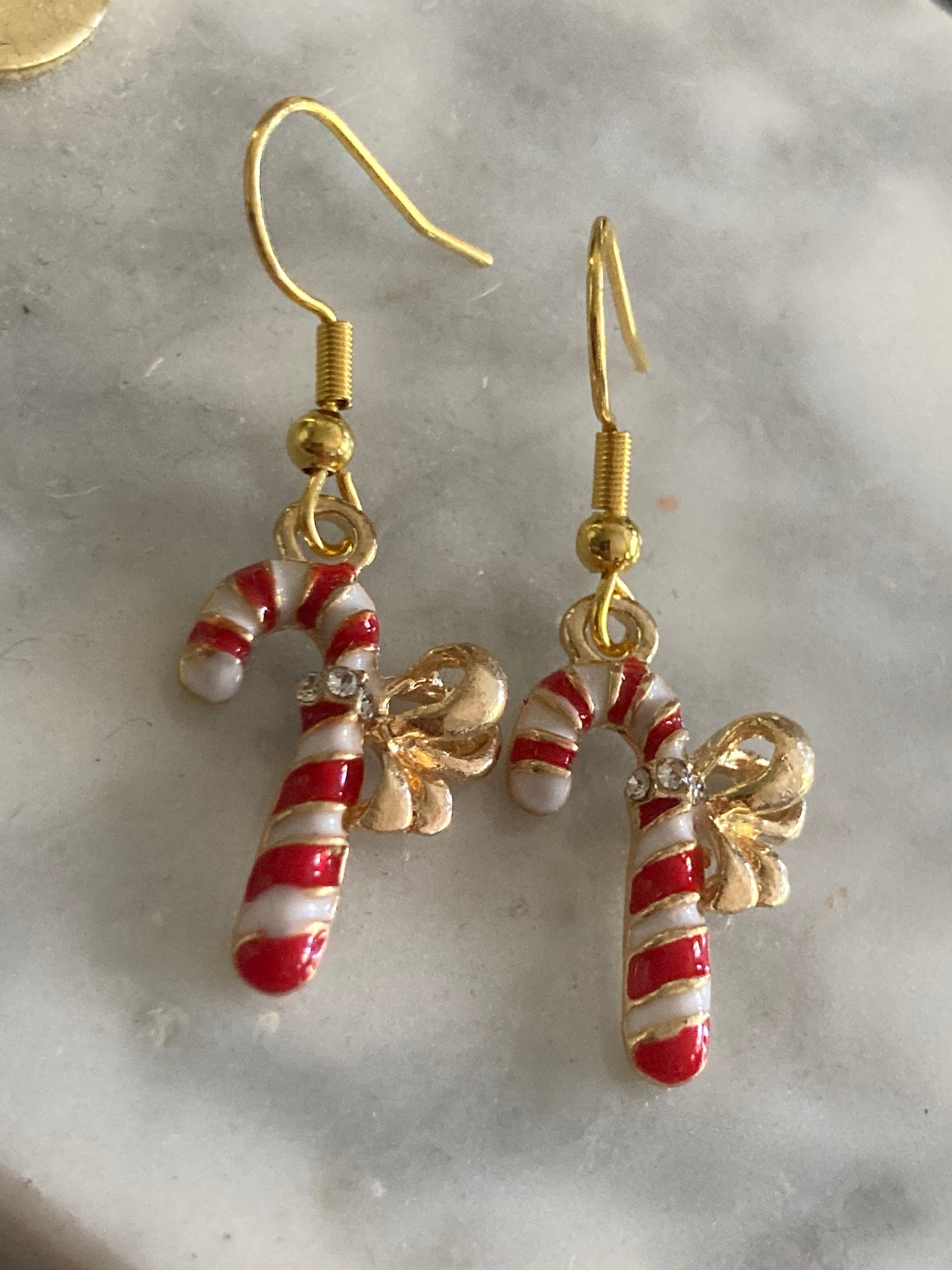 red and white enamel striped candy cane drop earrings for pierced ears