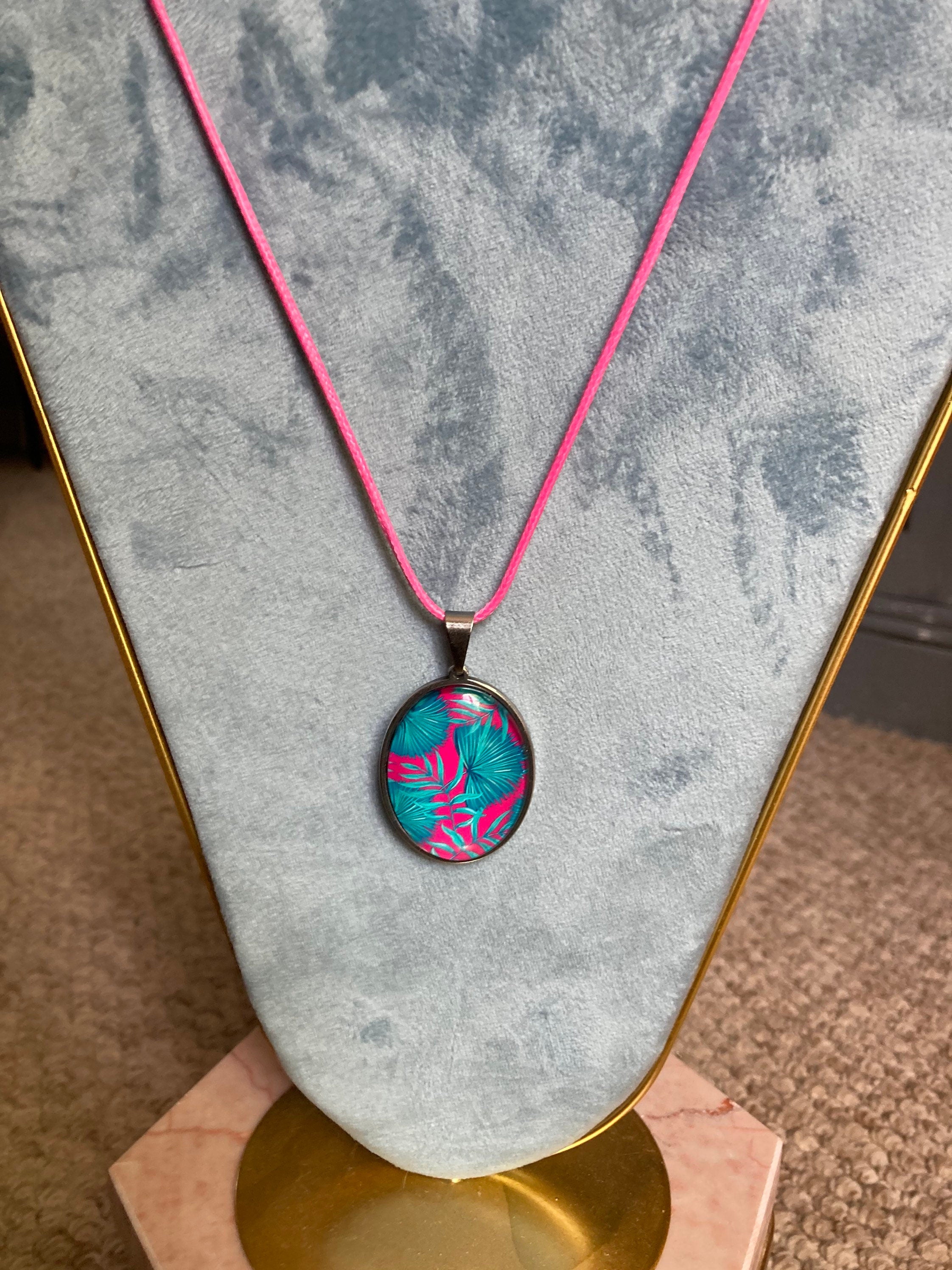 tropical pink green palm tree stainless steel pendant