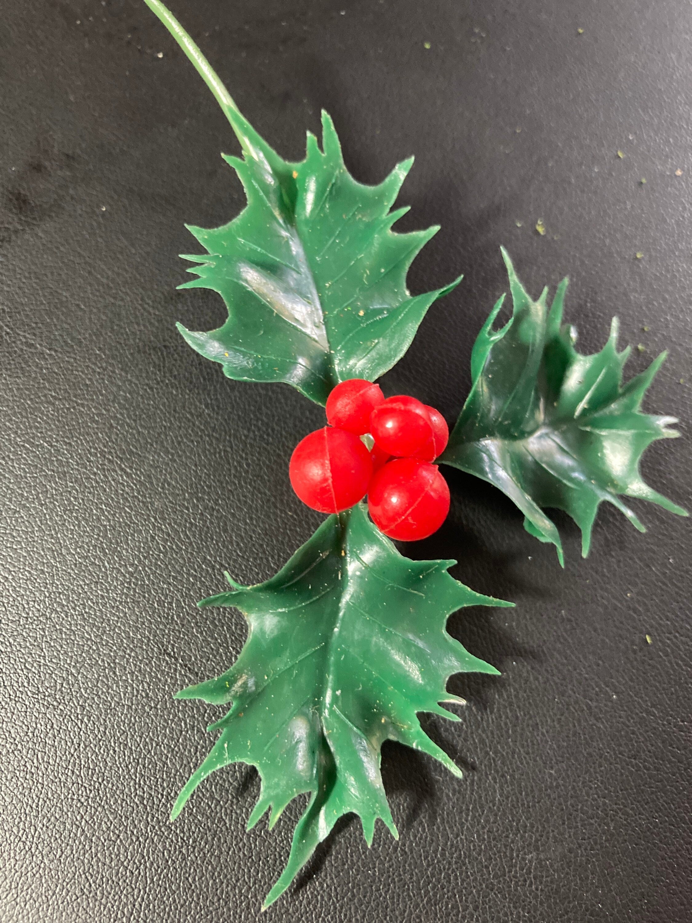 red green large sprig of HOLLY LEAVES BERRIES plastic cake topper decoration