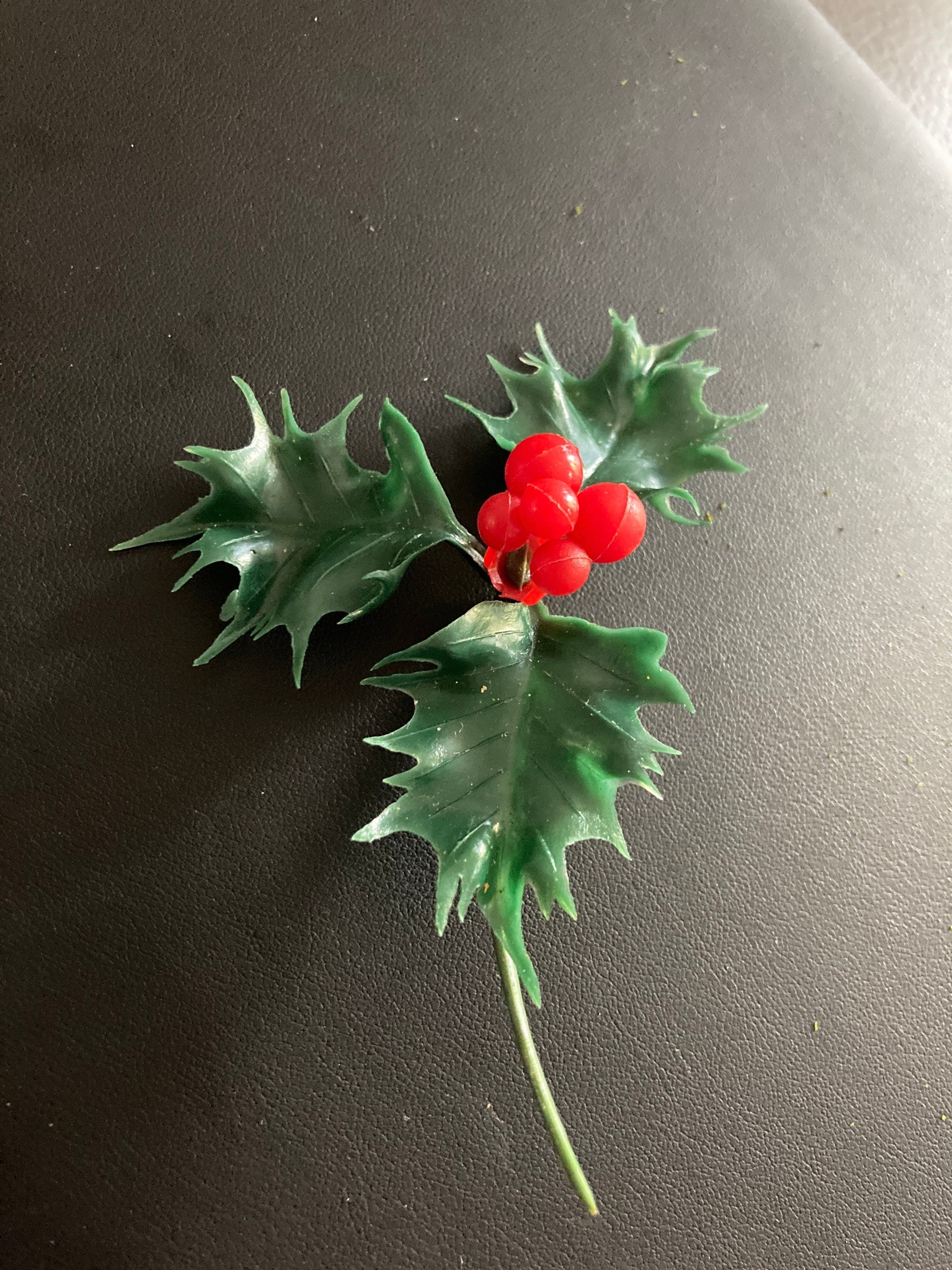red green large sprig of HOLLY LEAVES BERRIES plastic cake topper decoration