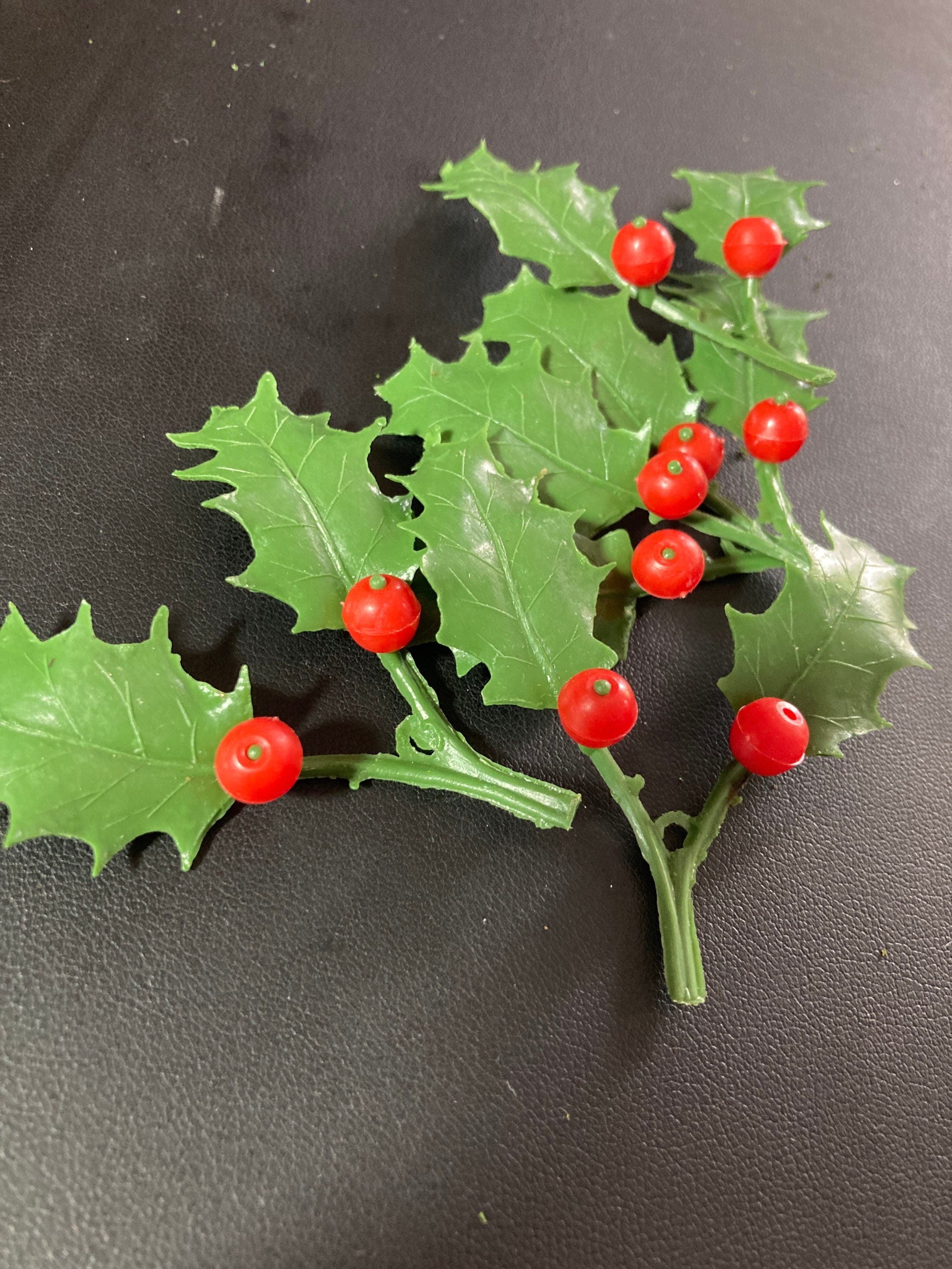 Red green large 6cm sprig of HOLLY LEAVES BERRIES plastic cake topper decoration