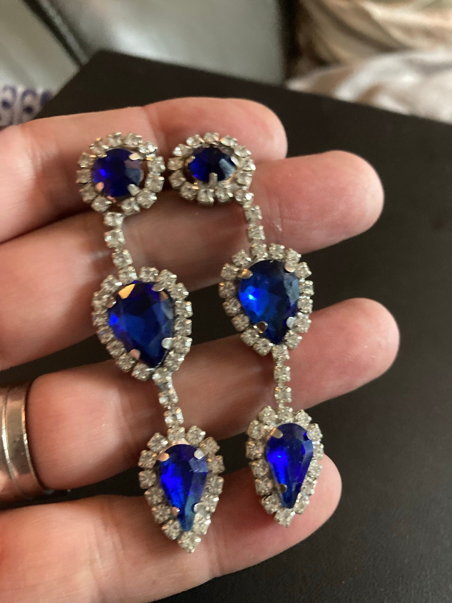 Vintage Czech Rhinestone Long Blue Sapphire Clear Glass Paste Diamante Drop Earrings