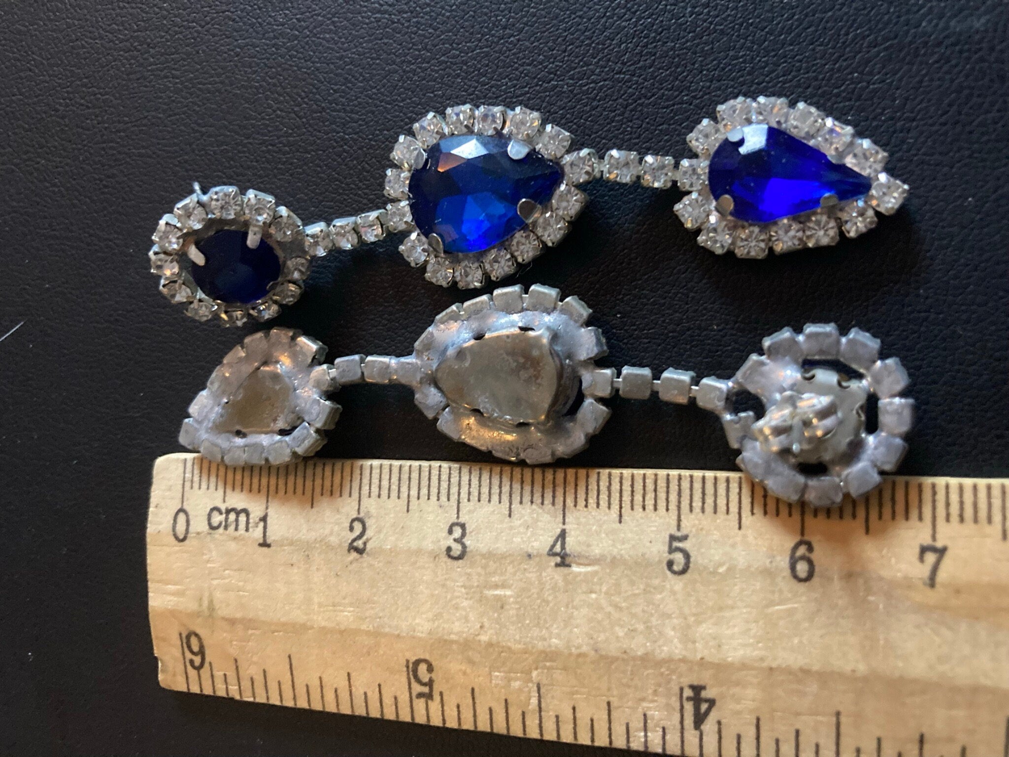 Vintage Czech Rhinestone Long Blue Sapphire Clear Glass Paste Diamante Drop Earrings