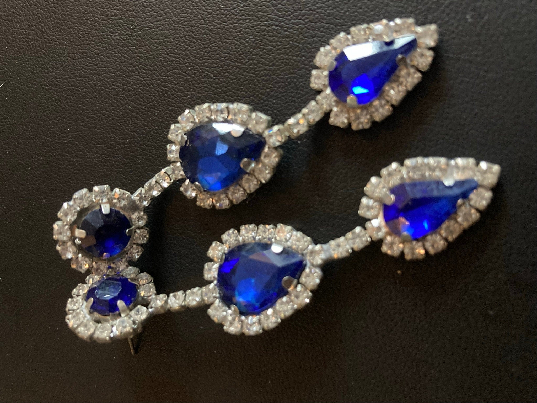 Vintage Czech Rhinestone Long Blue Sapphire Clear Glass Paste Diamante Drop Earrings