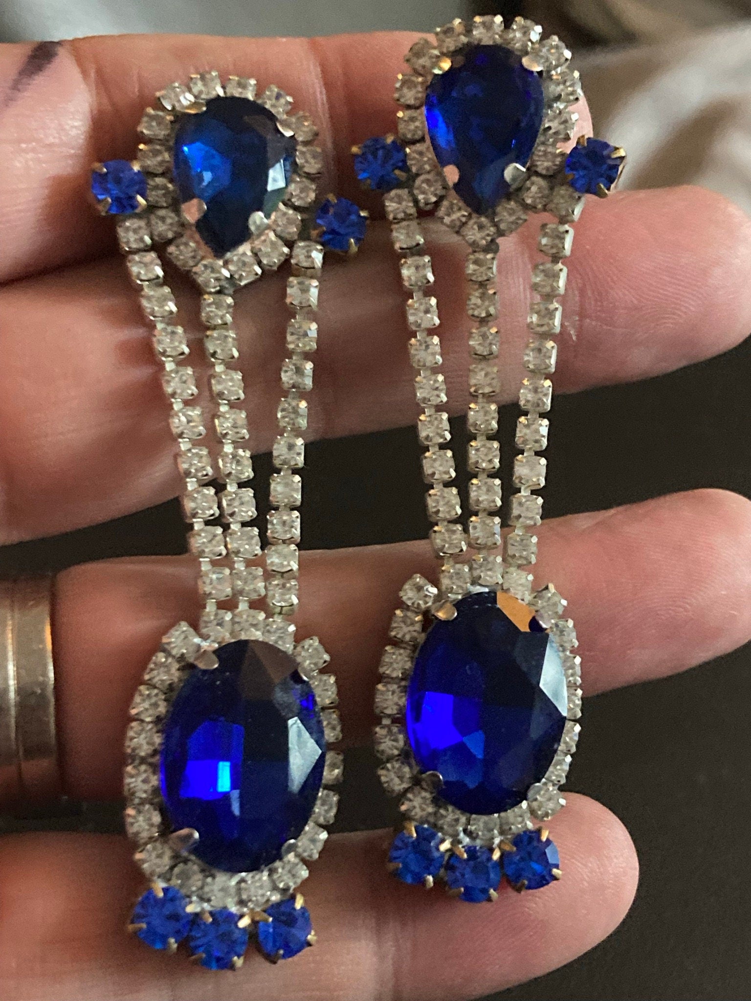 Vintage Czech Rhinestone Long Blue Sapphire Clear Glass Paste Diamante Drop Earrings