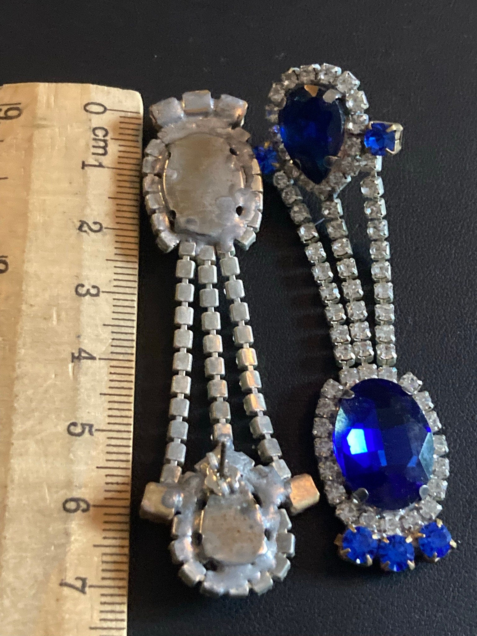 Vintage Czech Rhinestone Long Blue Sapphire Clear Glass Paste Diamante Drop Earrings