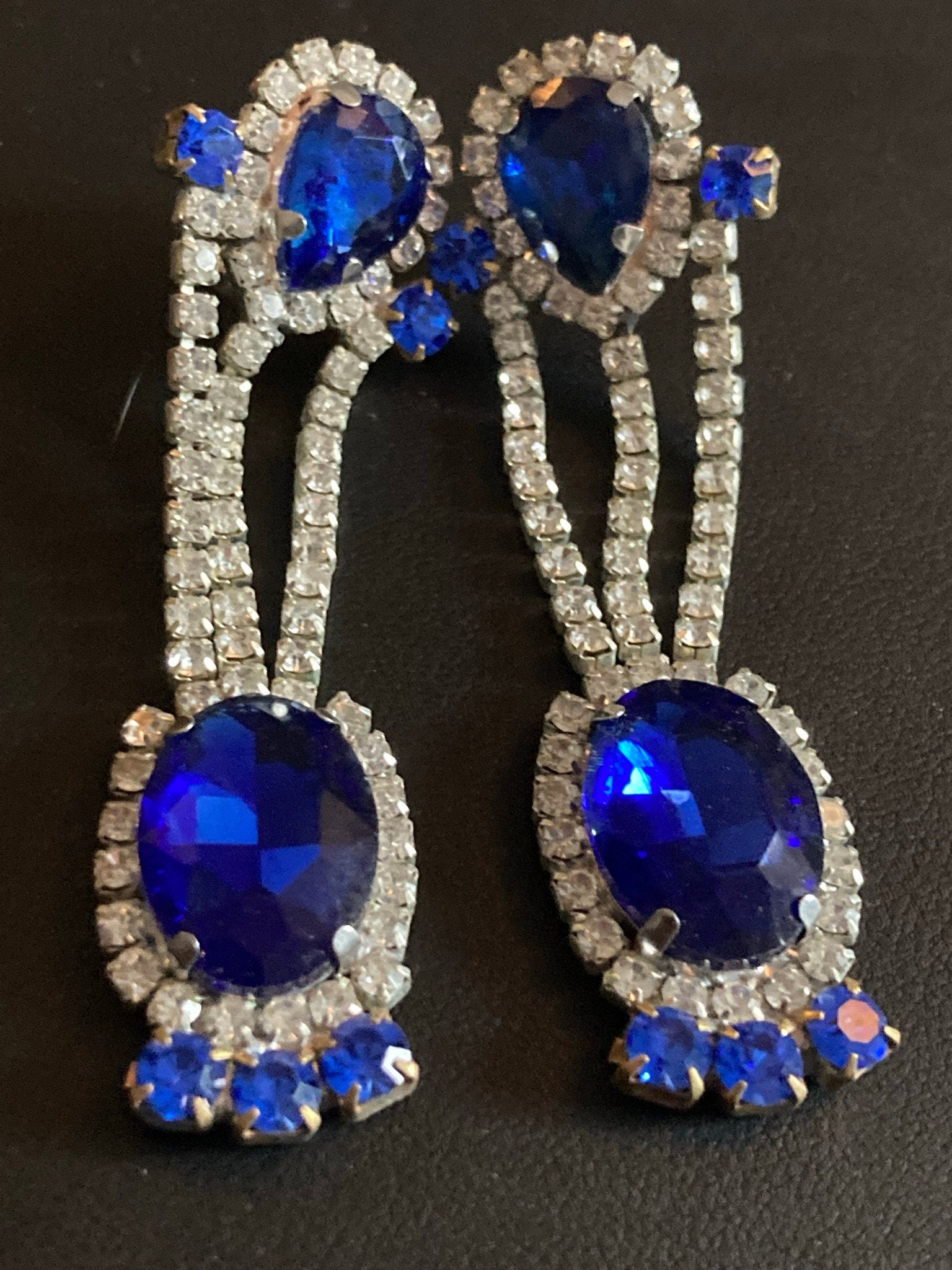 Vintage Czech Rhinestone Long Blue Sapphire Clear Glass Paste Diamante Drop Earrings