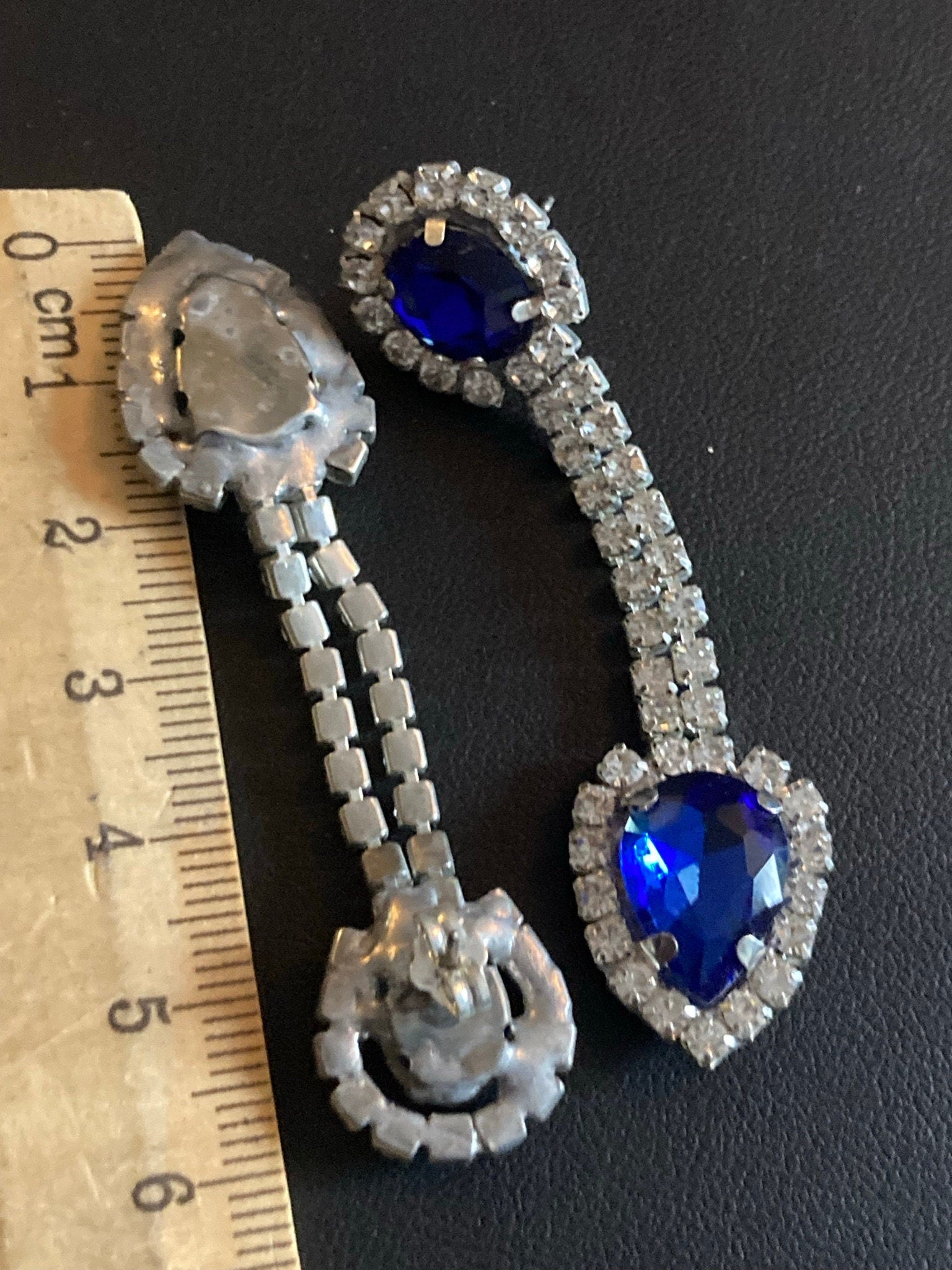 Vintage Czech Rhinestone Long Blue Sapphire Clear Glass Paste Diamante Drop Earrings