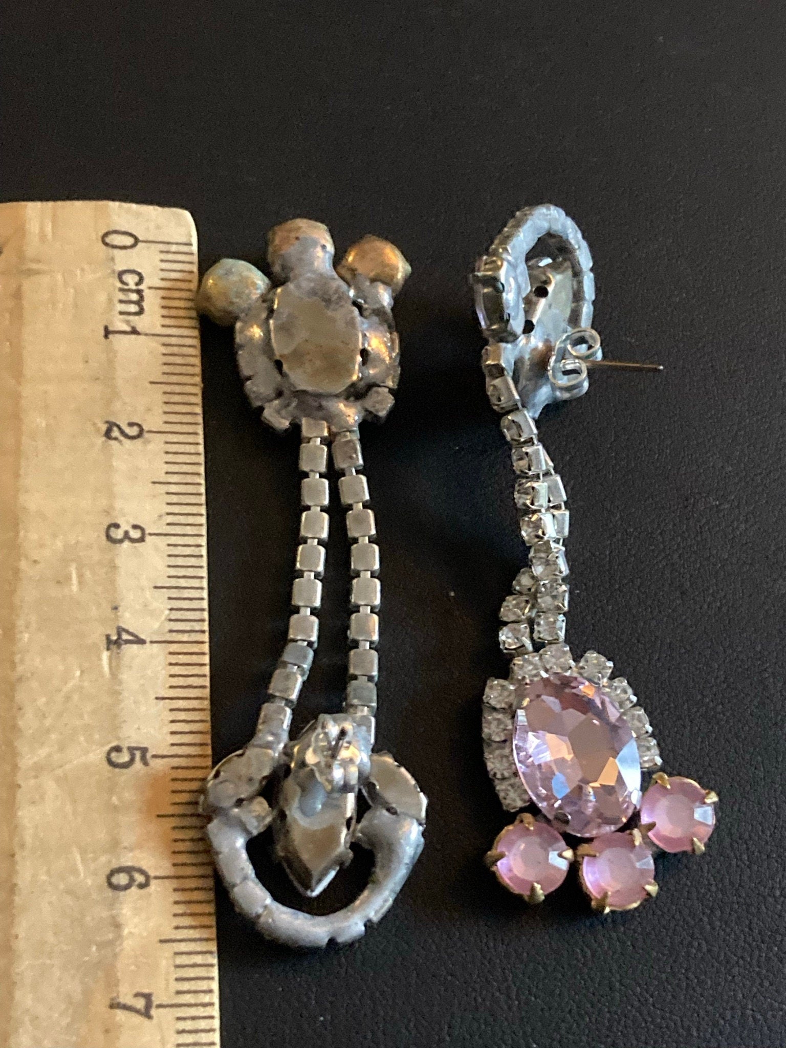 Vintage Czech Rhinestone Long clear pink Diamante Drop Earrings pierced