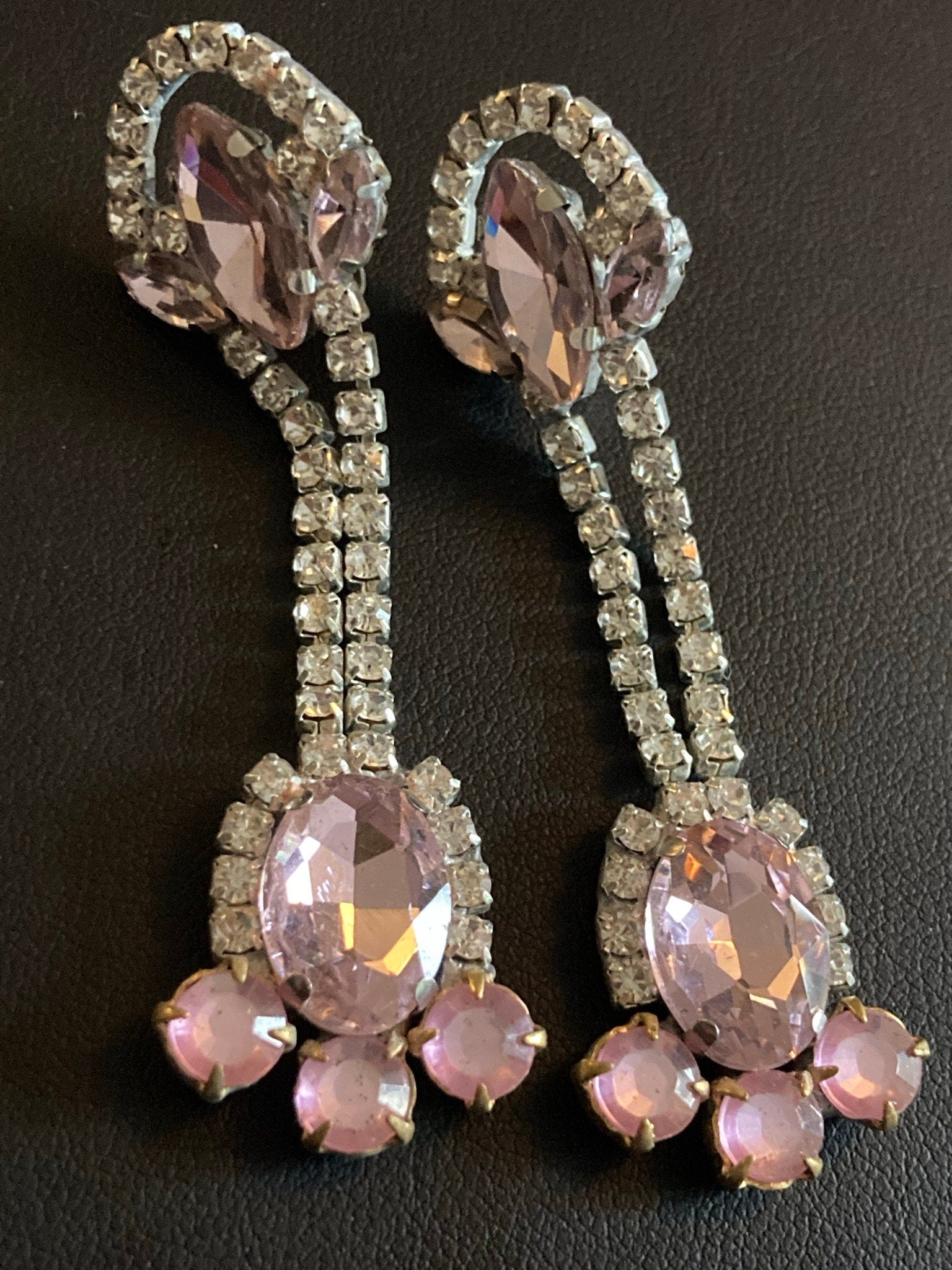 Vintage Czech Rhinestone Long clear pink Diamante Drop Earrings pierced