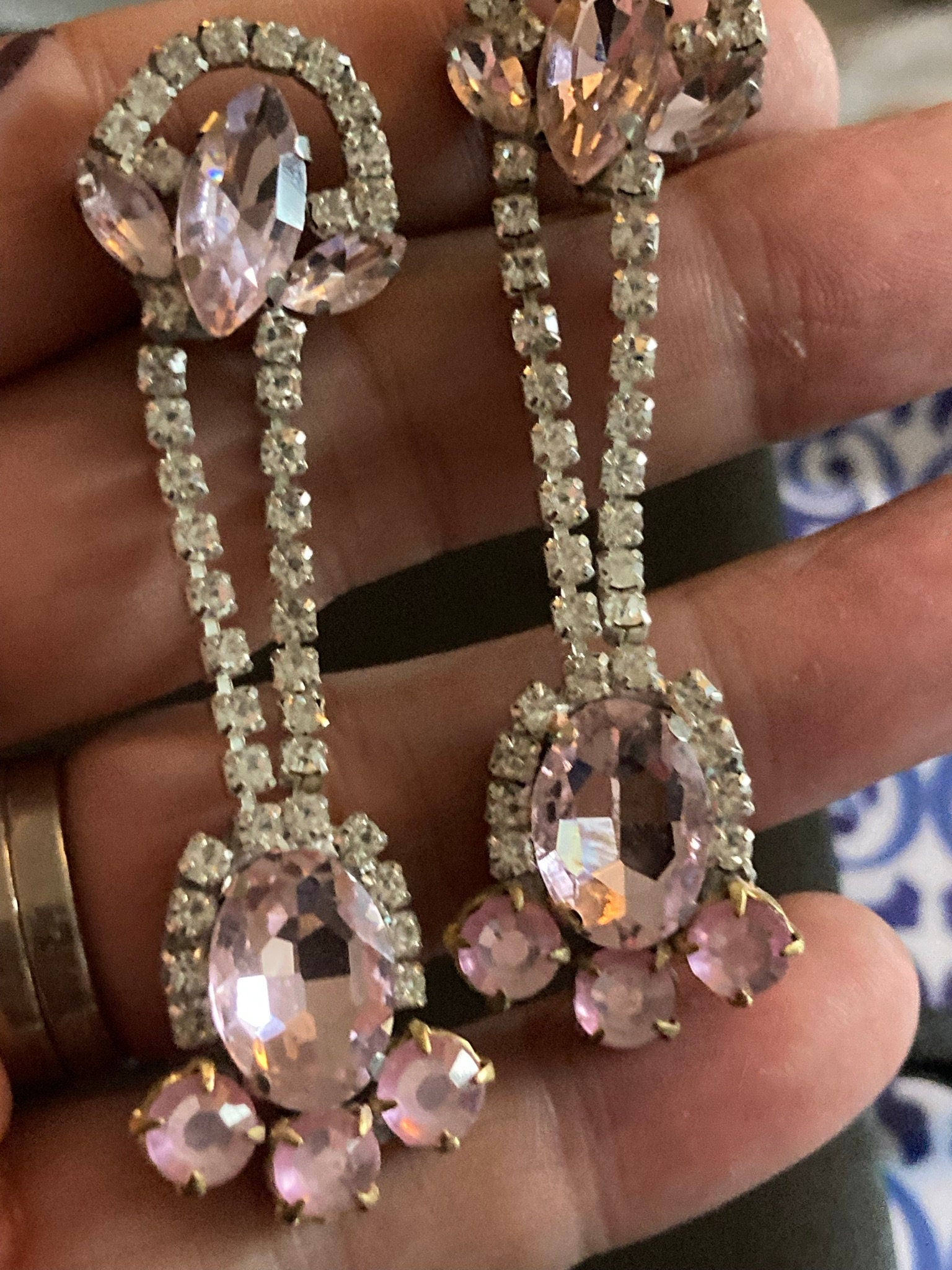 Vintage Czech Rhinestone Long clear pink Diamante Drop Earrings pierced