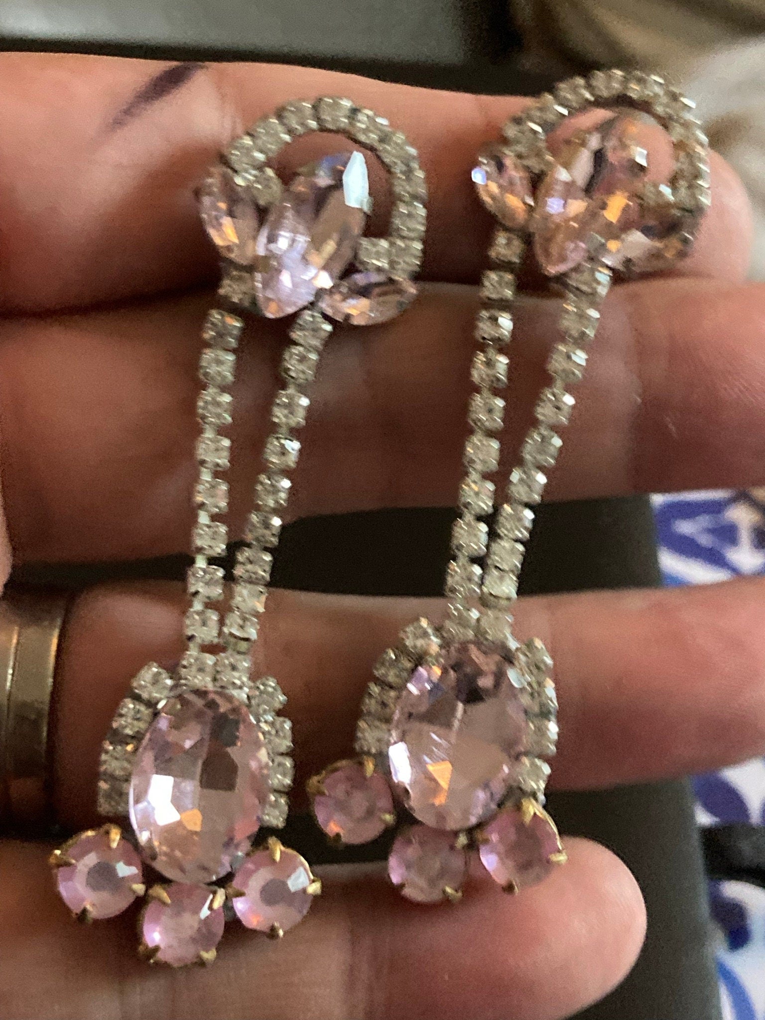Vintage Czech Rhinestone Long clear pink Diamante Drop Earrings pierced
