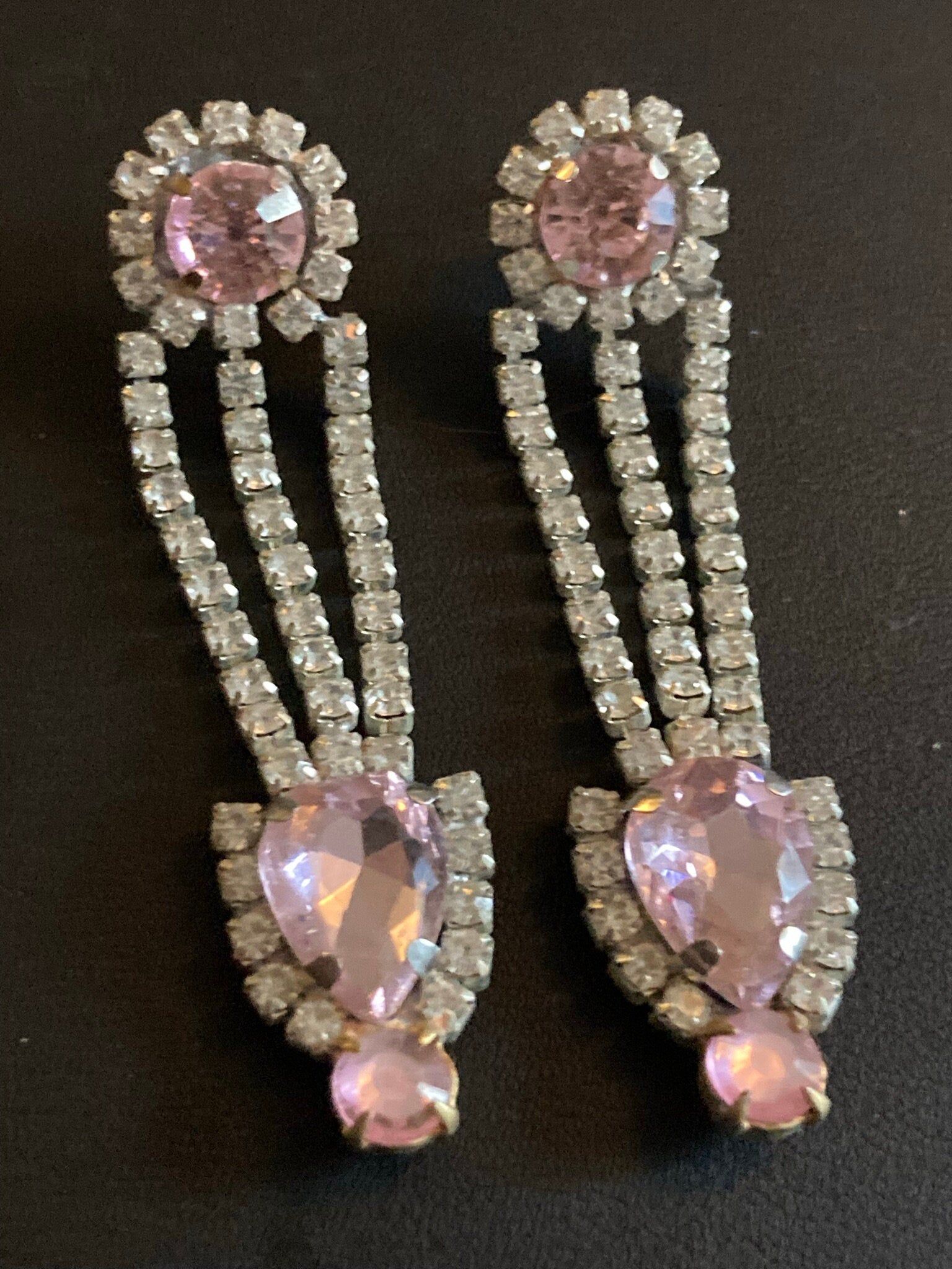 Vintage Czech Rhinestone Long clear pink Diamante Drop Earrings pierced