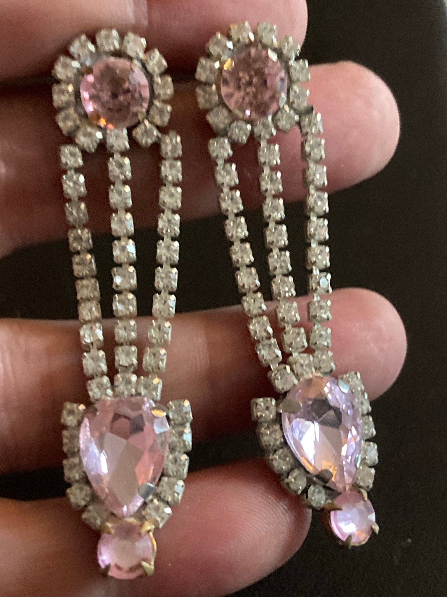 Vintage Czech Rhinestone Long clear pink Diamante Drop Earrings pierced