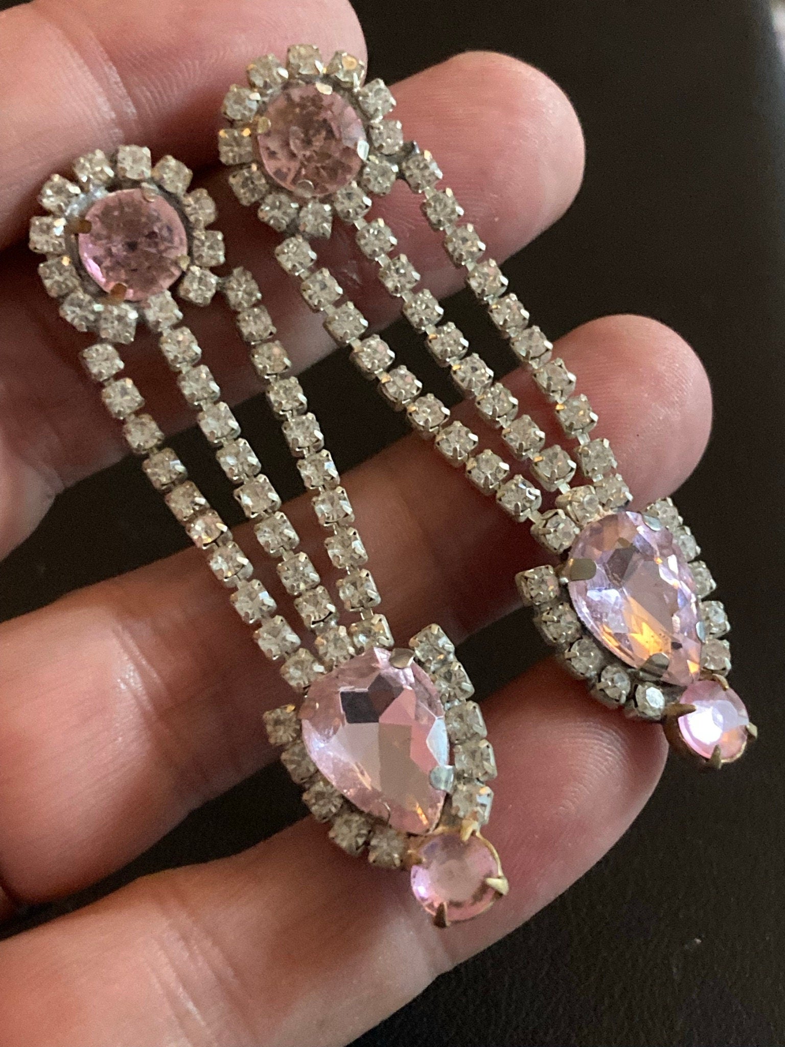 Vintage Czech Rhinestone Long clear pink Diamante Drop Earrings pierced