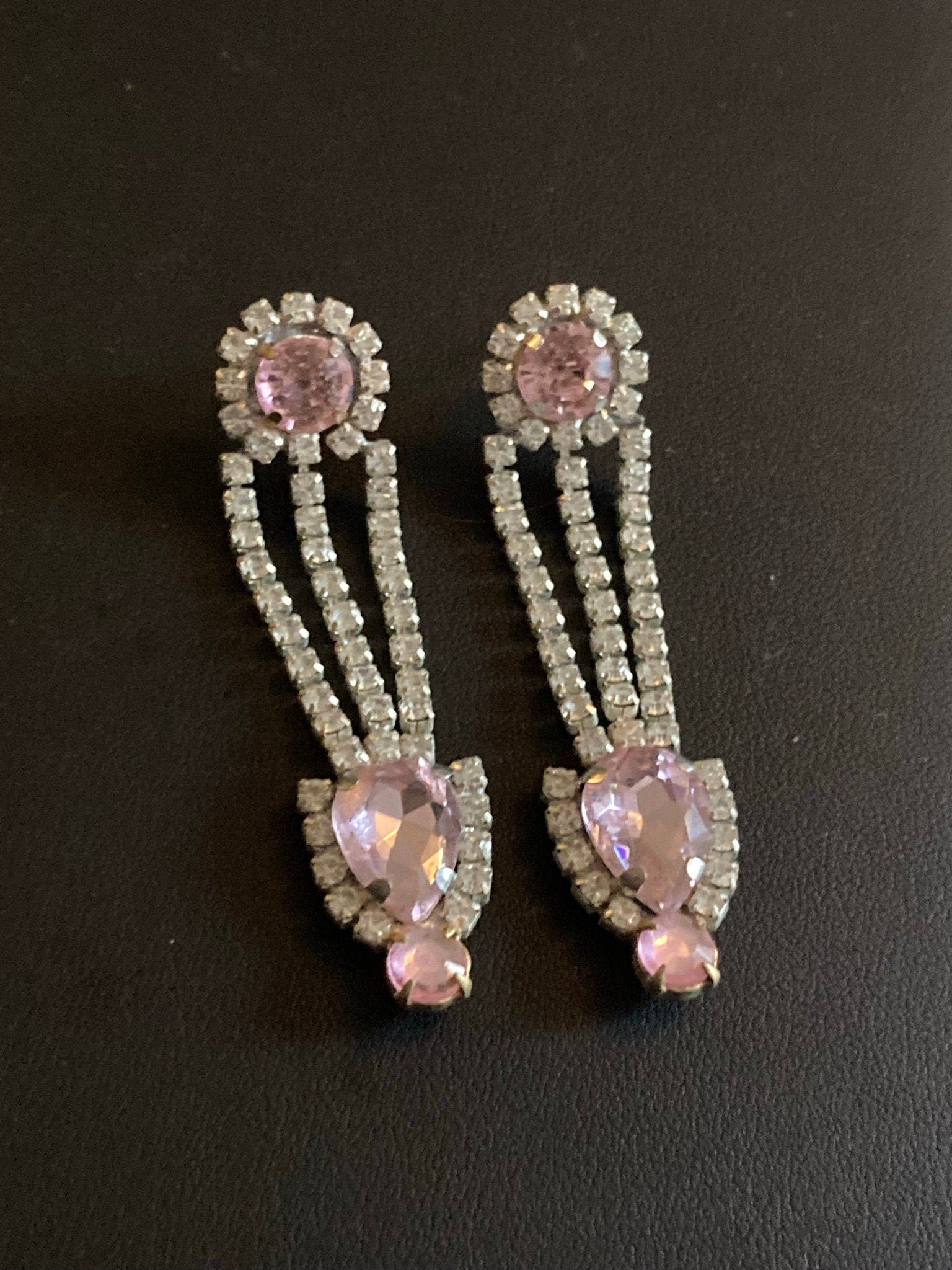 Vintage Czech Rhinestone Long clear pink Diamante Drop Earrings pierced