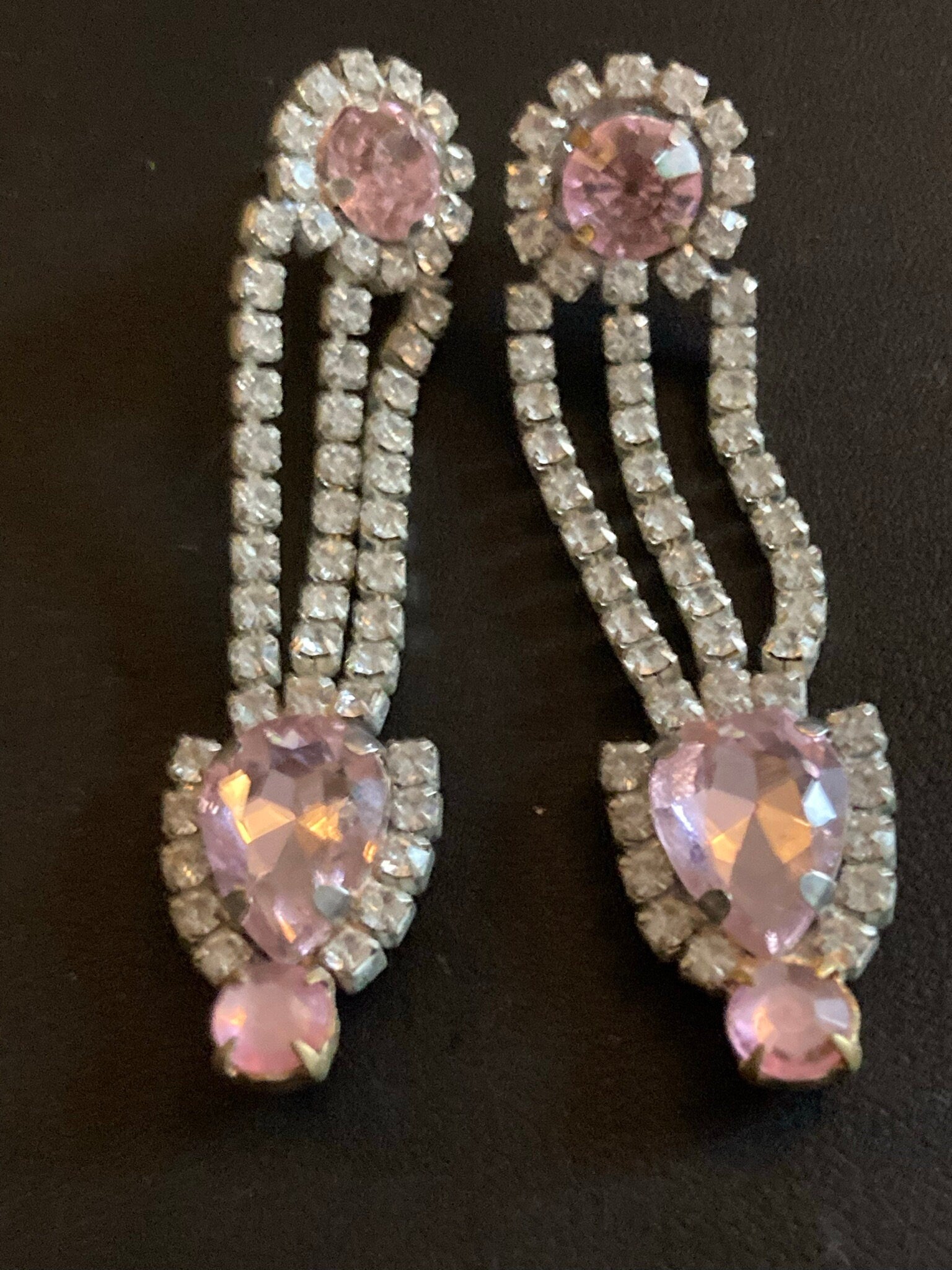 Vintage Czech Rhinestone Long clear pink Diamante Drop Earrings pierced