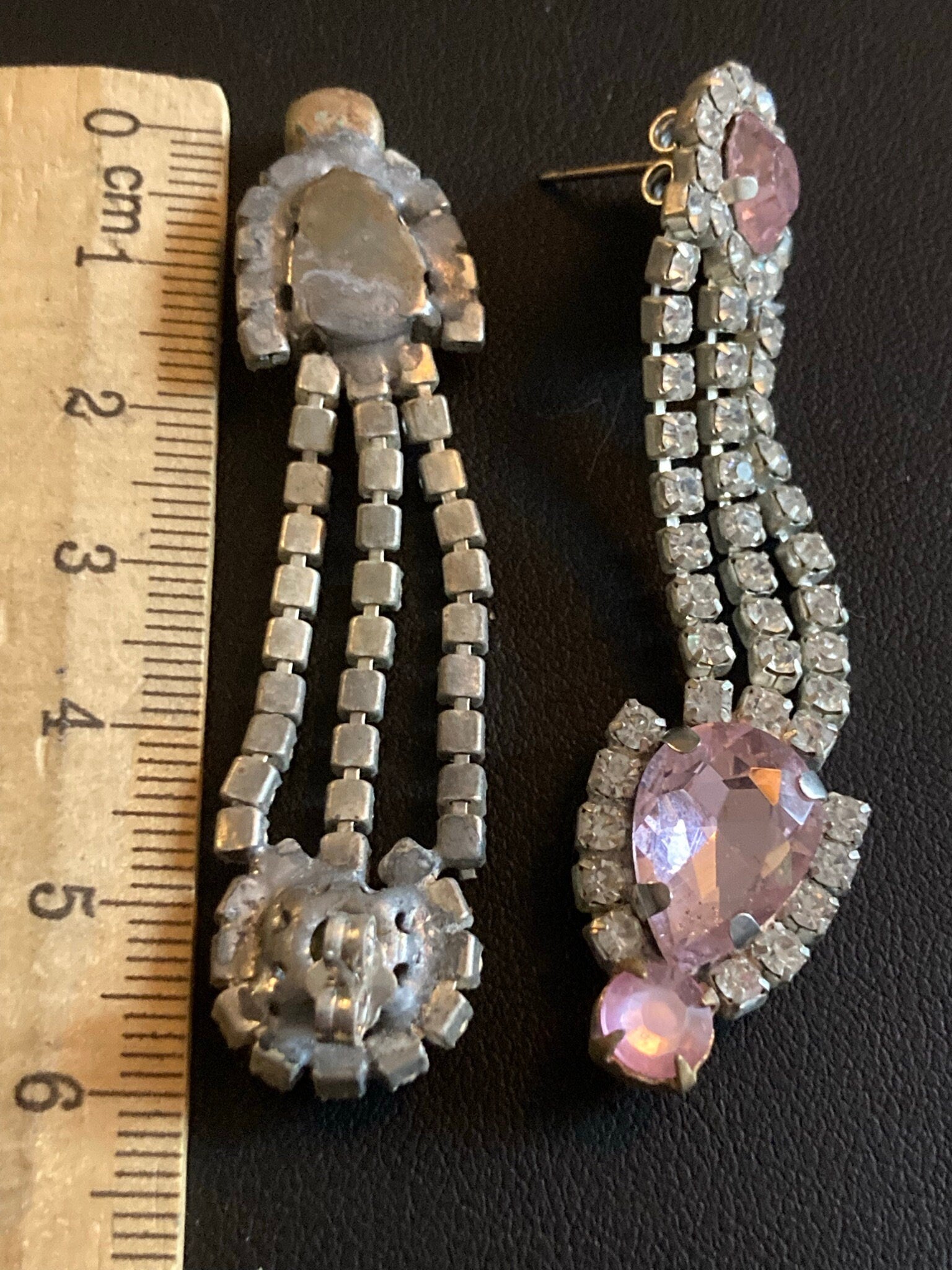 Vintage Czech Rhinestone Long clear pink Diamante Drop Earrings pierced