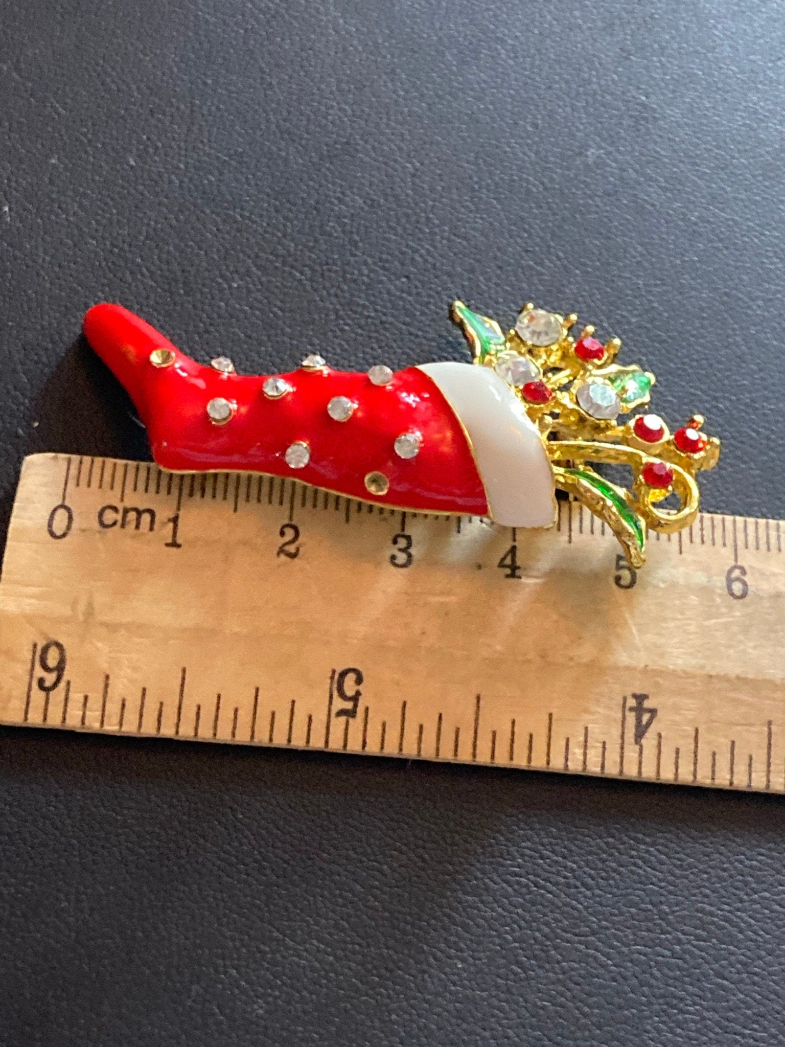 red Enamel Christmas stocking diamanté brooch