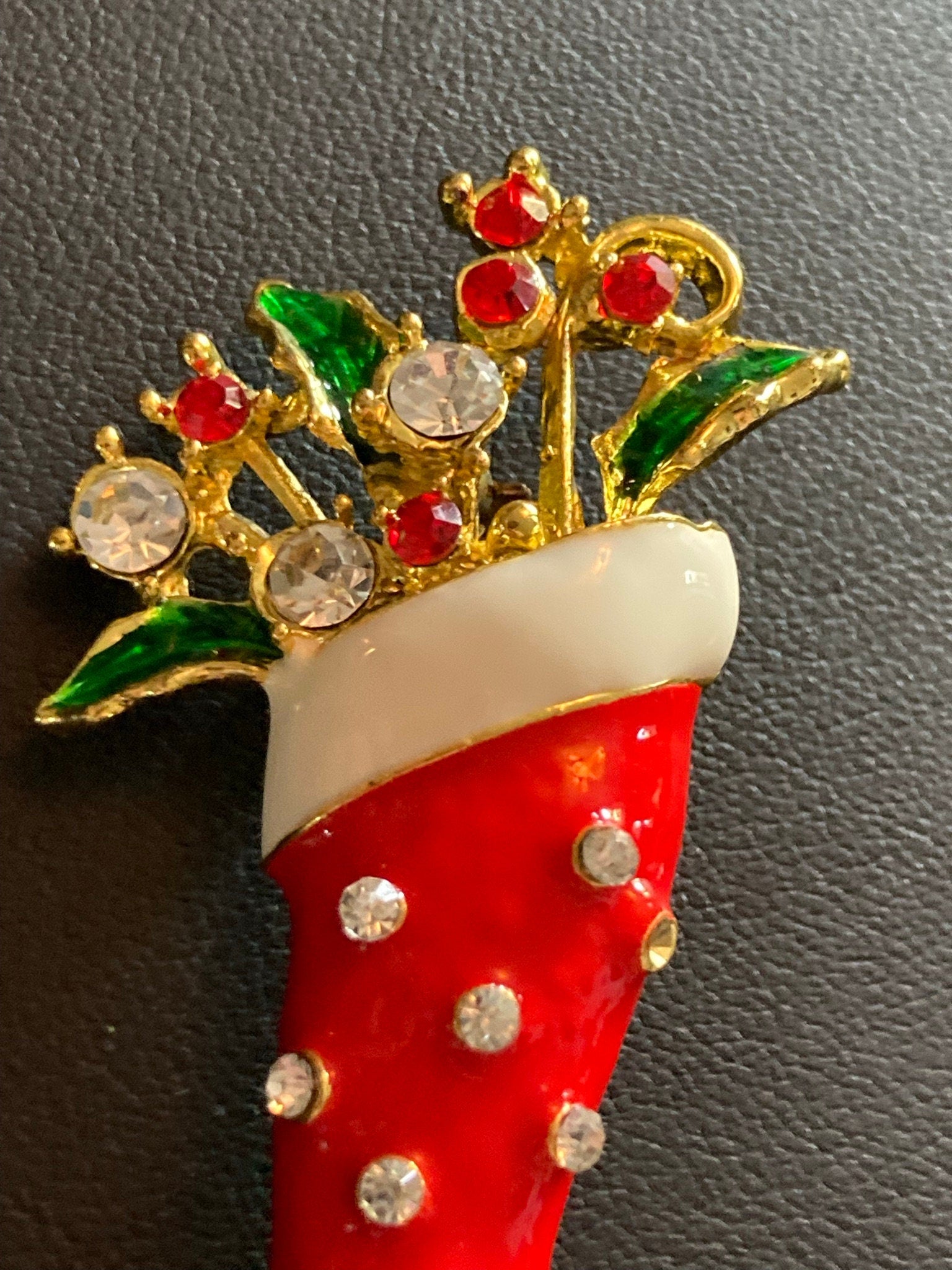 red Enamel Christmas stocking diamanté brooch