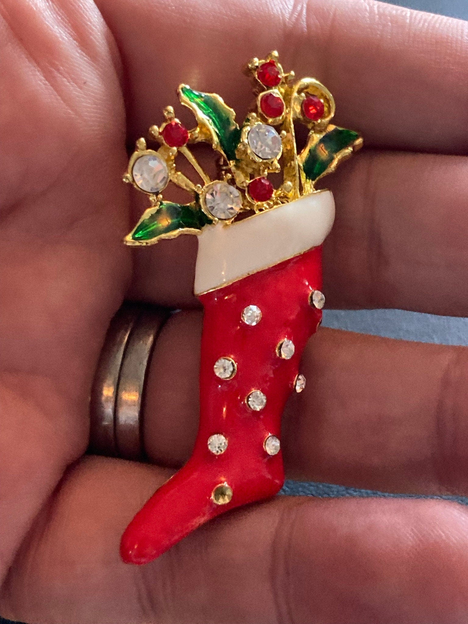 red Enamel Christmas stocking diamanté brooch