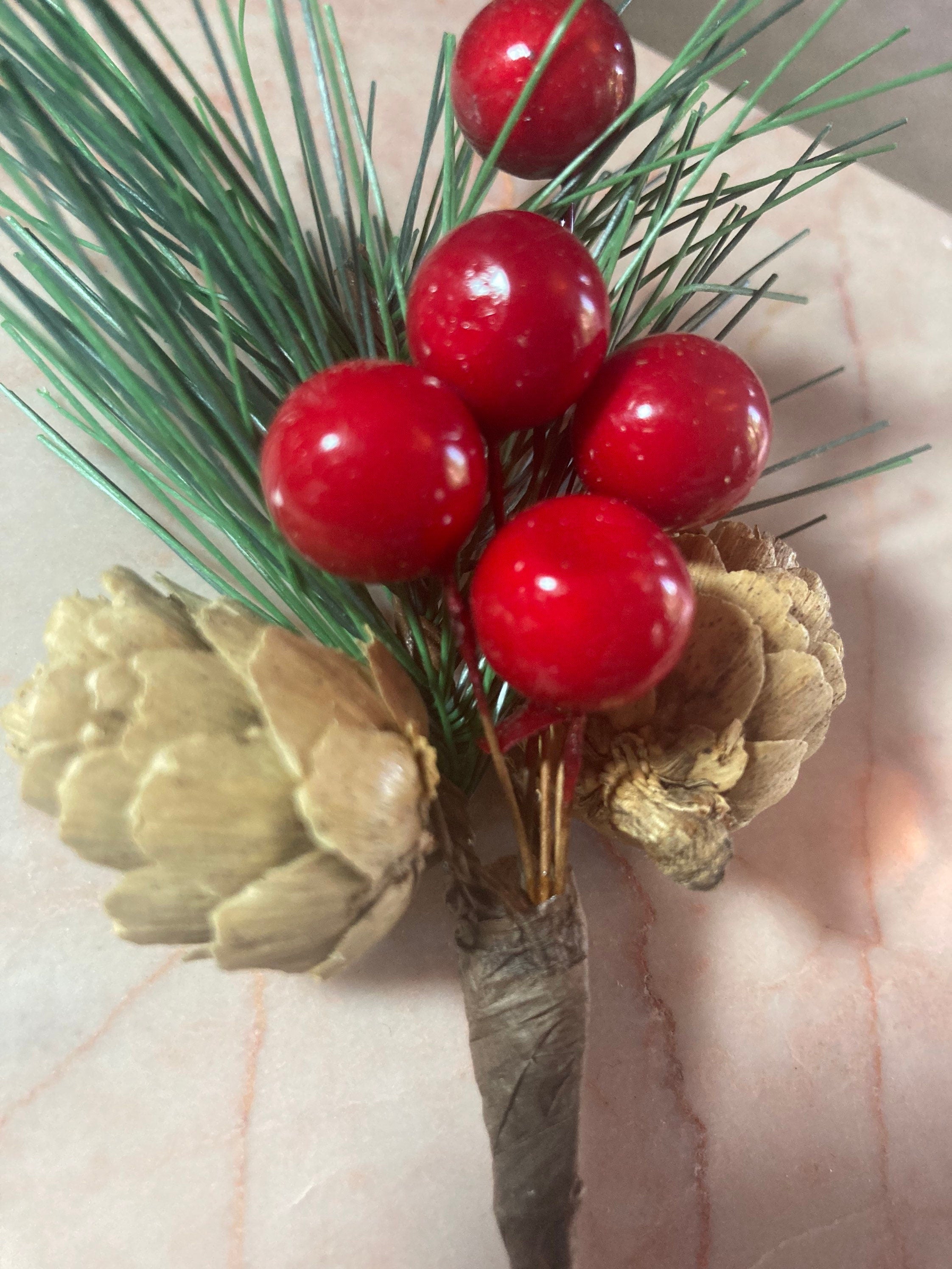 Faux fir pine cone & berries sprig for Christmas craft decorations