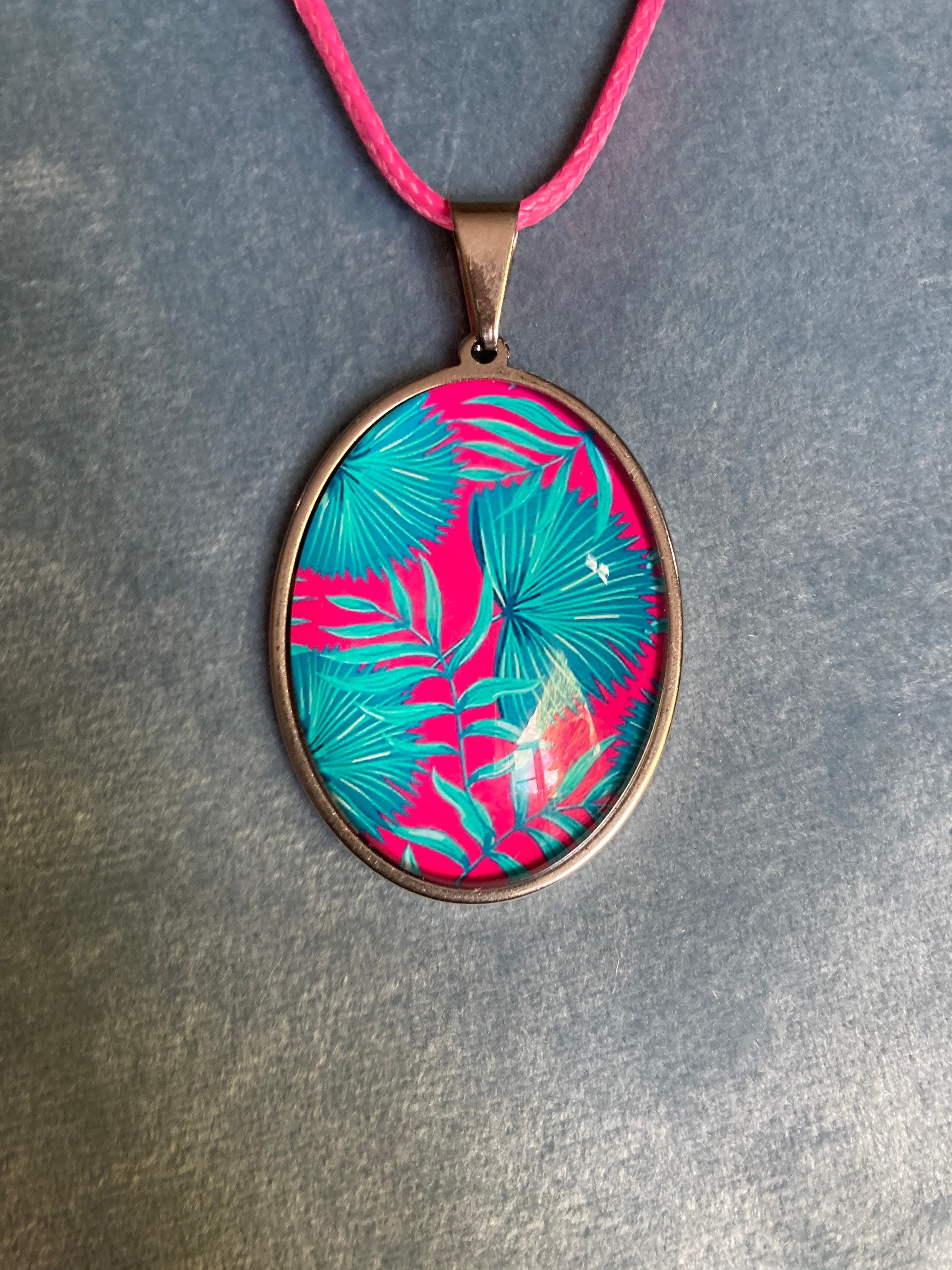 tropical pink green palm tree stainless steel pendant